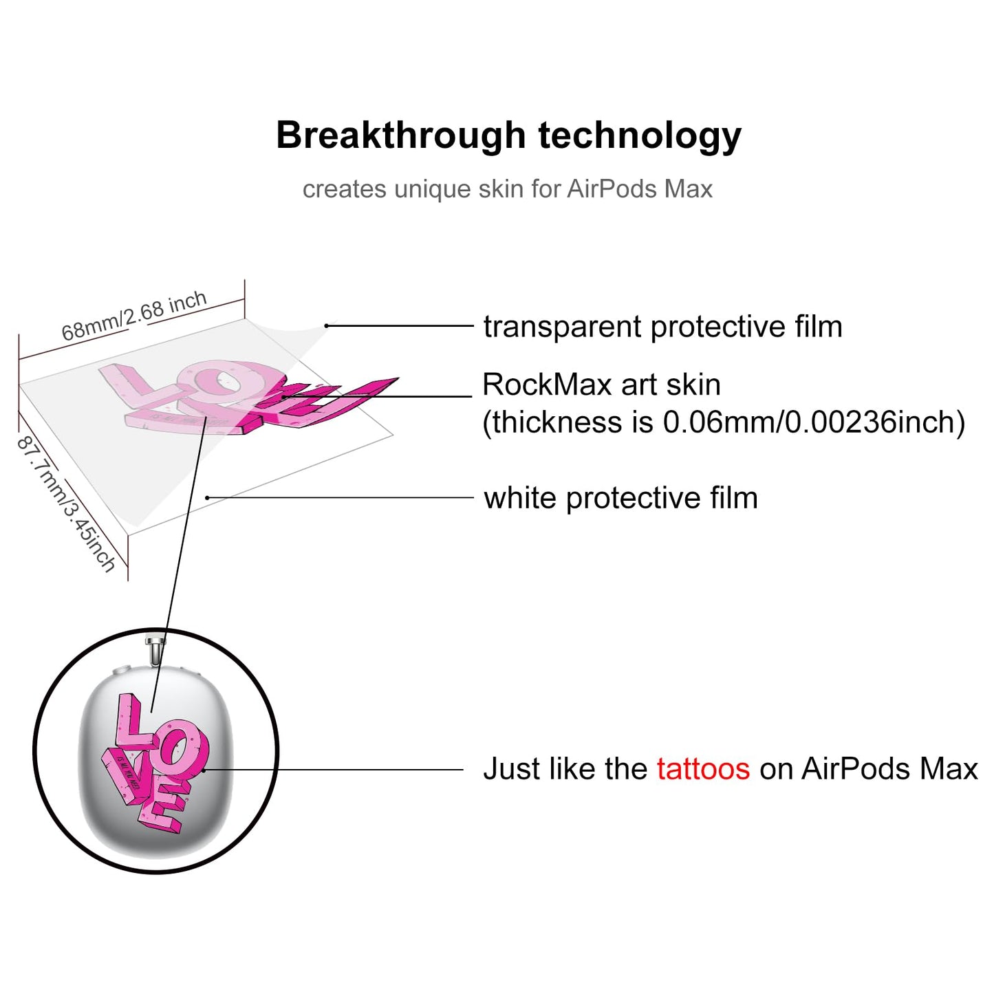 ROCKMAX Pink Sticker Accessories for AirPods Max, Love Decal Skin for Headphones, Stylish Accessories Gift for Women and Girls, Compatible to Transparent AirPods Max Case Cover, with Cleaning Kit