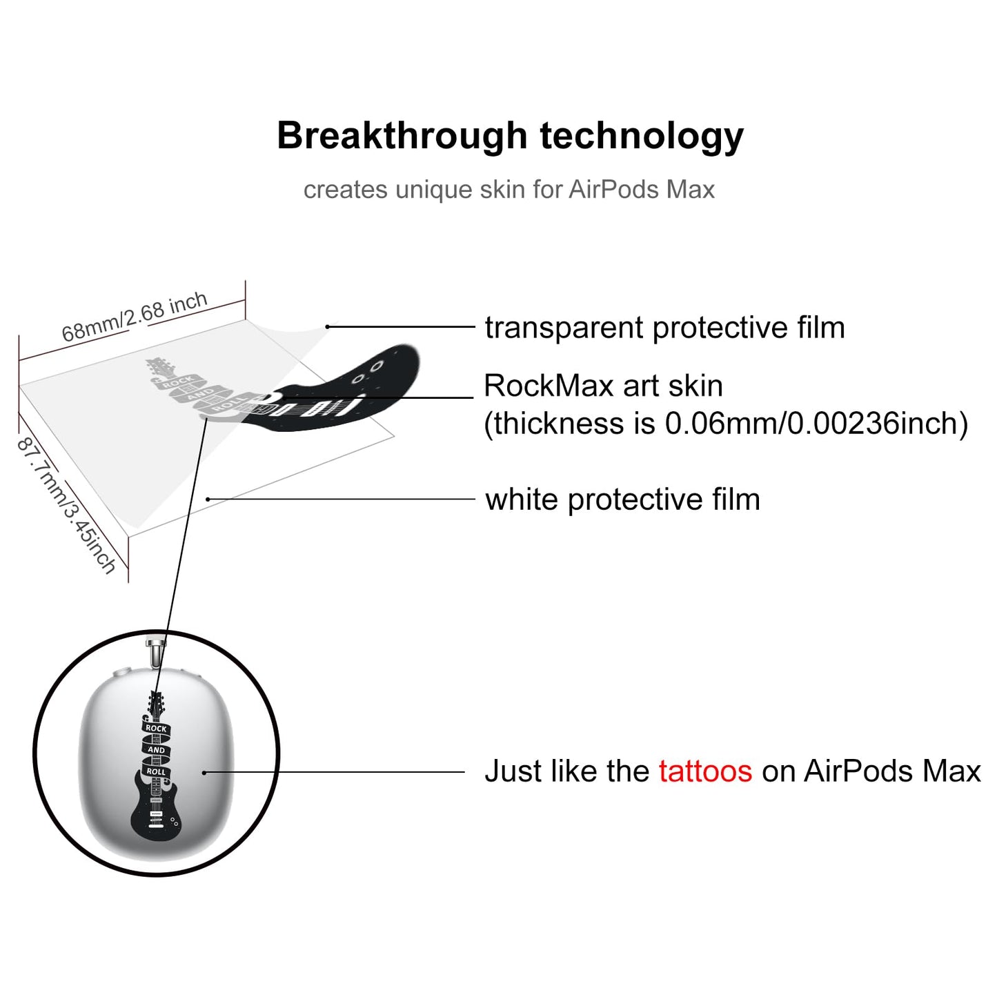 ROCKMAX Black Guitar Skin Cover for AirPods Max, Sleek Decal Skin for Headphones, Musical Elegance Sticker Wrap, Compatible to Transparent AirPods Max Cases, Stylish Gift with Cleaning Kit