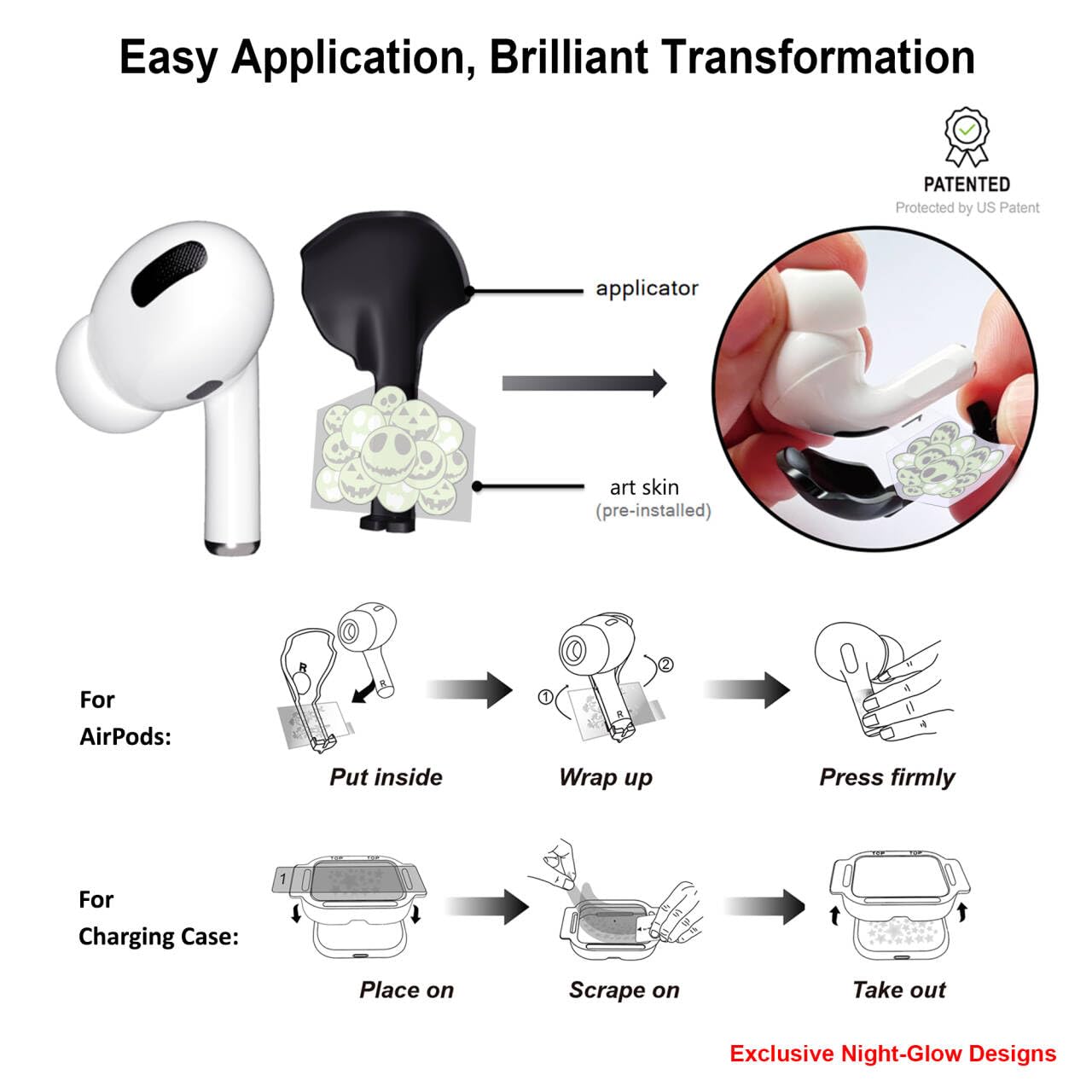RockMax for AirPod Skins, Glow in The Dark Stickers for AirPods 3 and Charging Case, Luminous Halloween Vinyl Tattoo Wraps, Easy to Apply, Ideal Gift for Parties and Holidays