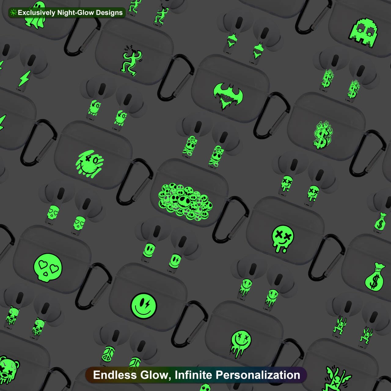RockMax Glow-in-The-Dark AirPods 4 Case 2024, Death Smile Air Pod 4 Case Skin Set, Unique Light-Up Funda para AirPods 4, Cool AirPod Cover with Keychain, Effortless MagSafe