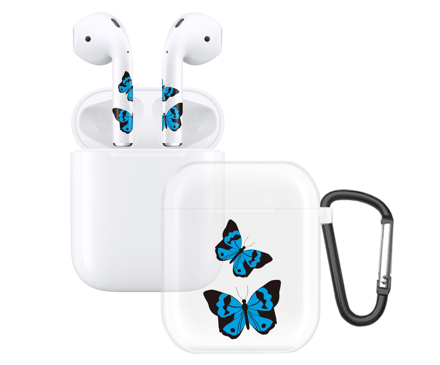 RockMax for AirPods 2nd Generation Case, Cute Clear Case with Black Keychain and Blue Butterfly Decal Stickers, Durable Skin Wrap, Easy to Apply, for Teens and Women