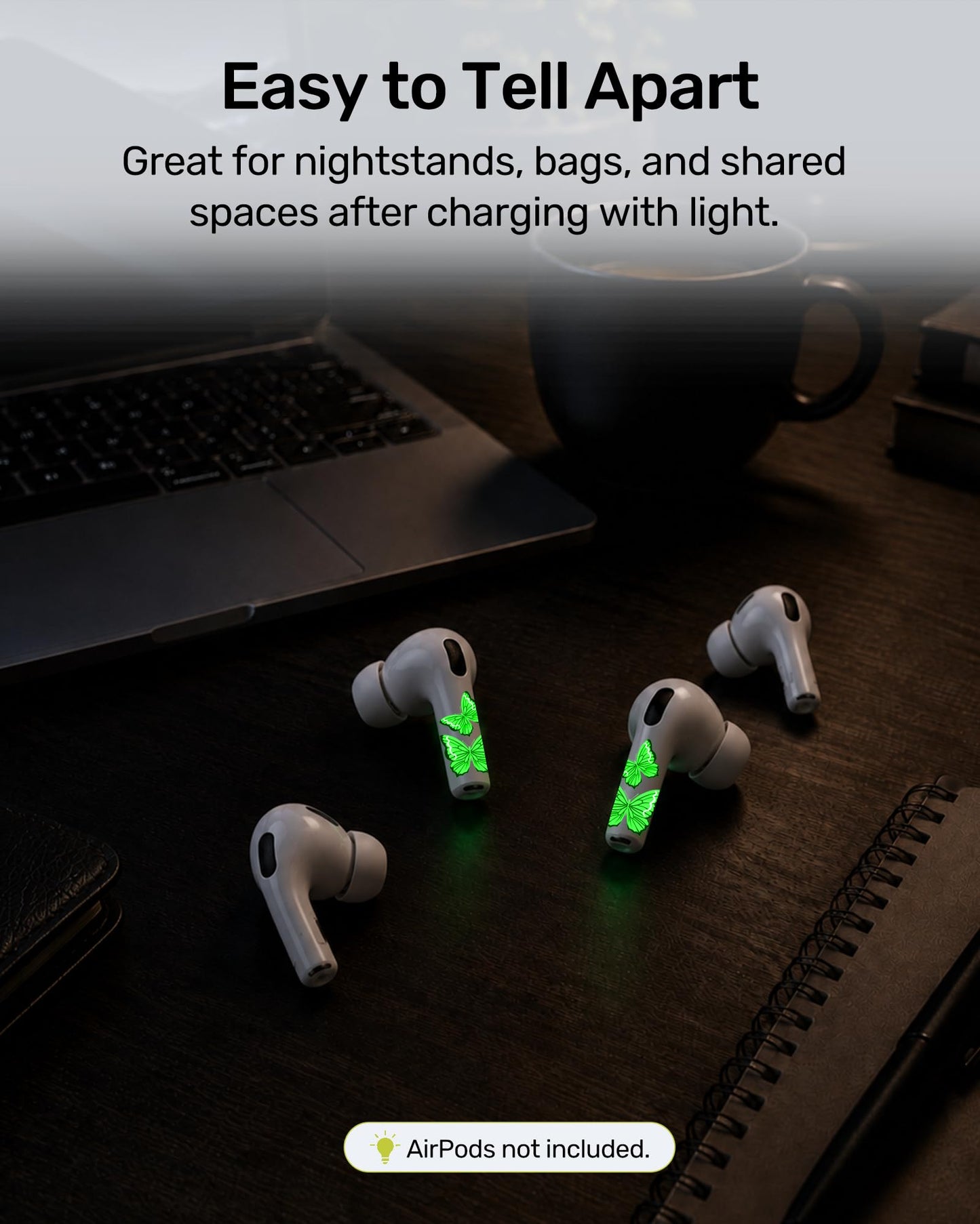 RockMax for AirPods 4 Glow Skin, Butterfly Sticker Wrap, Easy to Find with Distinct Decal, Case-Friendly, 3-Step Install, Compatible with AirPods Pro 1/2/3 and AirPod 1/2/3/4 (Universal Fit)