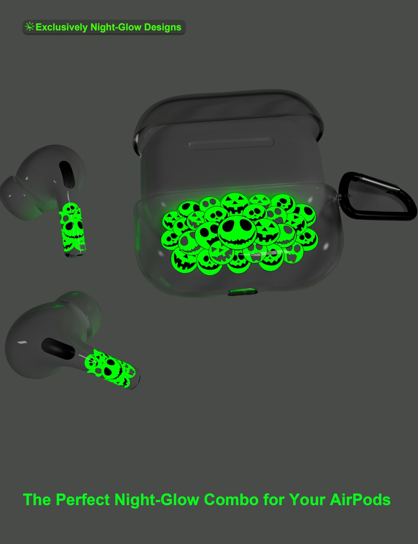 RockMax for AirPod Case Cover 2nd Generation, Clear Case with Black Keychain and Glow in The Dark Stickers, Luminous Emoticon Skin Decal Wrap, Easy to Apply, Gift for Parties and Holidays