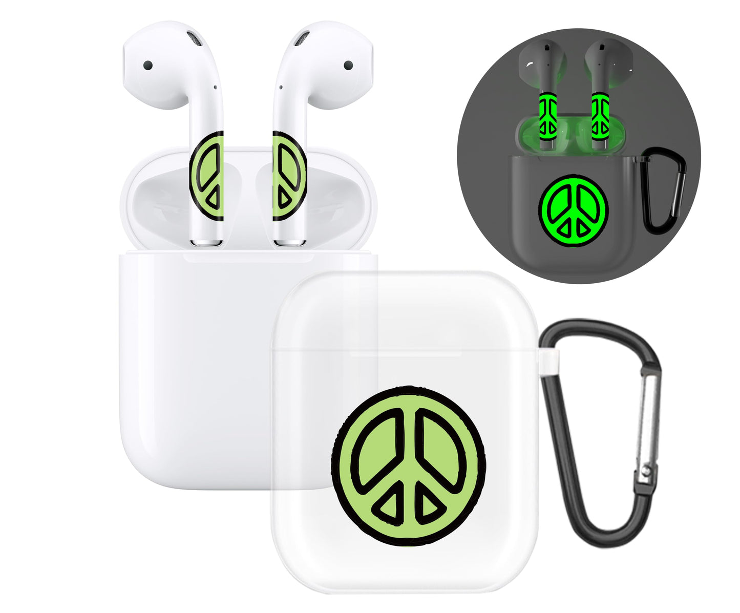 RockMax for AirPod Case Cover 2nd Generation, Clear Case with Black Keychain and Glow in The Dark Stickers, Luminous Peace Sign Skin Decal Wrap, Easy to Apply, Gift for Parties and Holidays