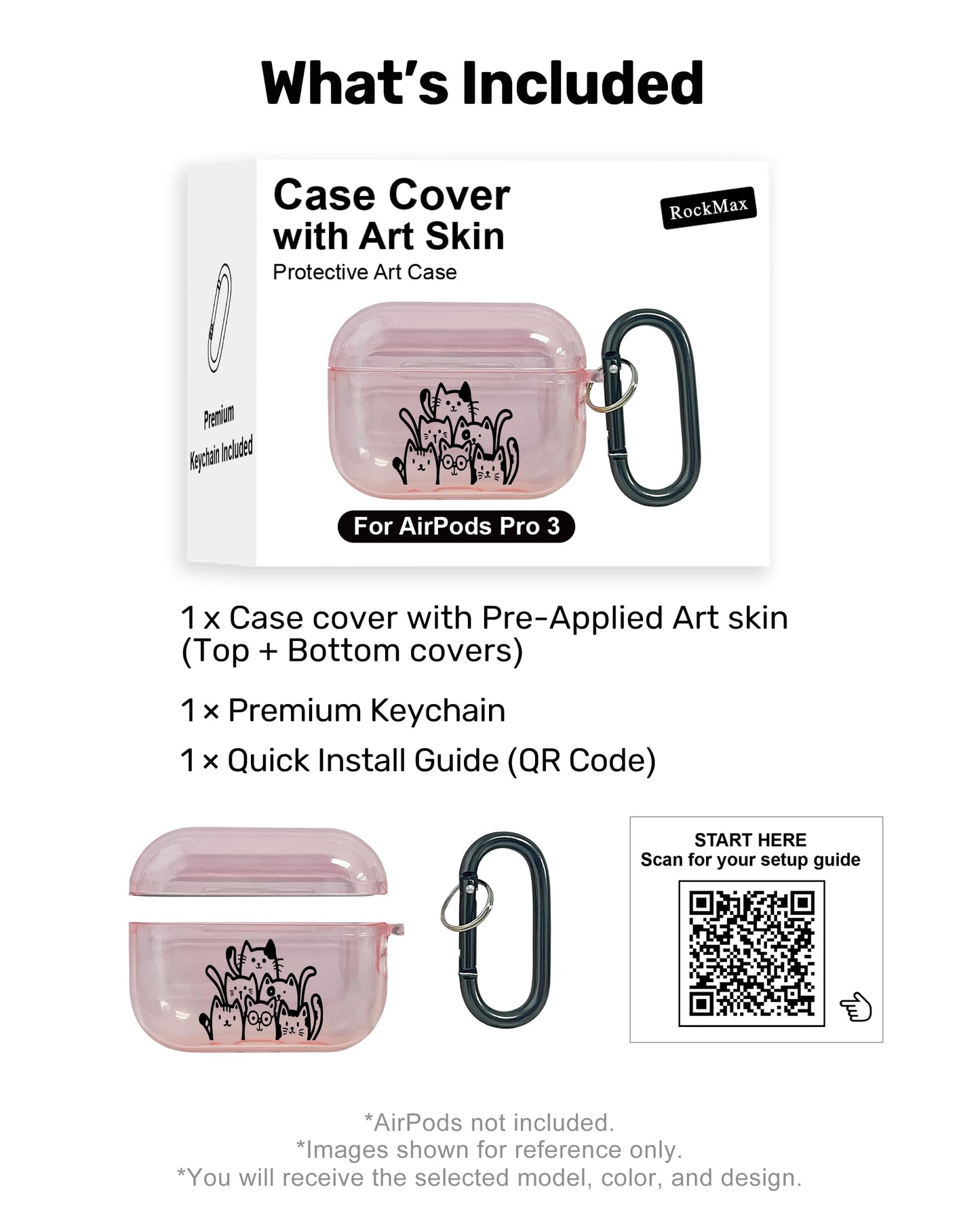 RockMax for AirPods Pro 3 Case Cover with Art Skin, Cute TPU AirPods Case with Keychain Hook, Semi-Transparent Decorative Case for Women, Cute Cat, Clear Pink