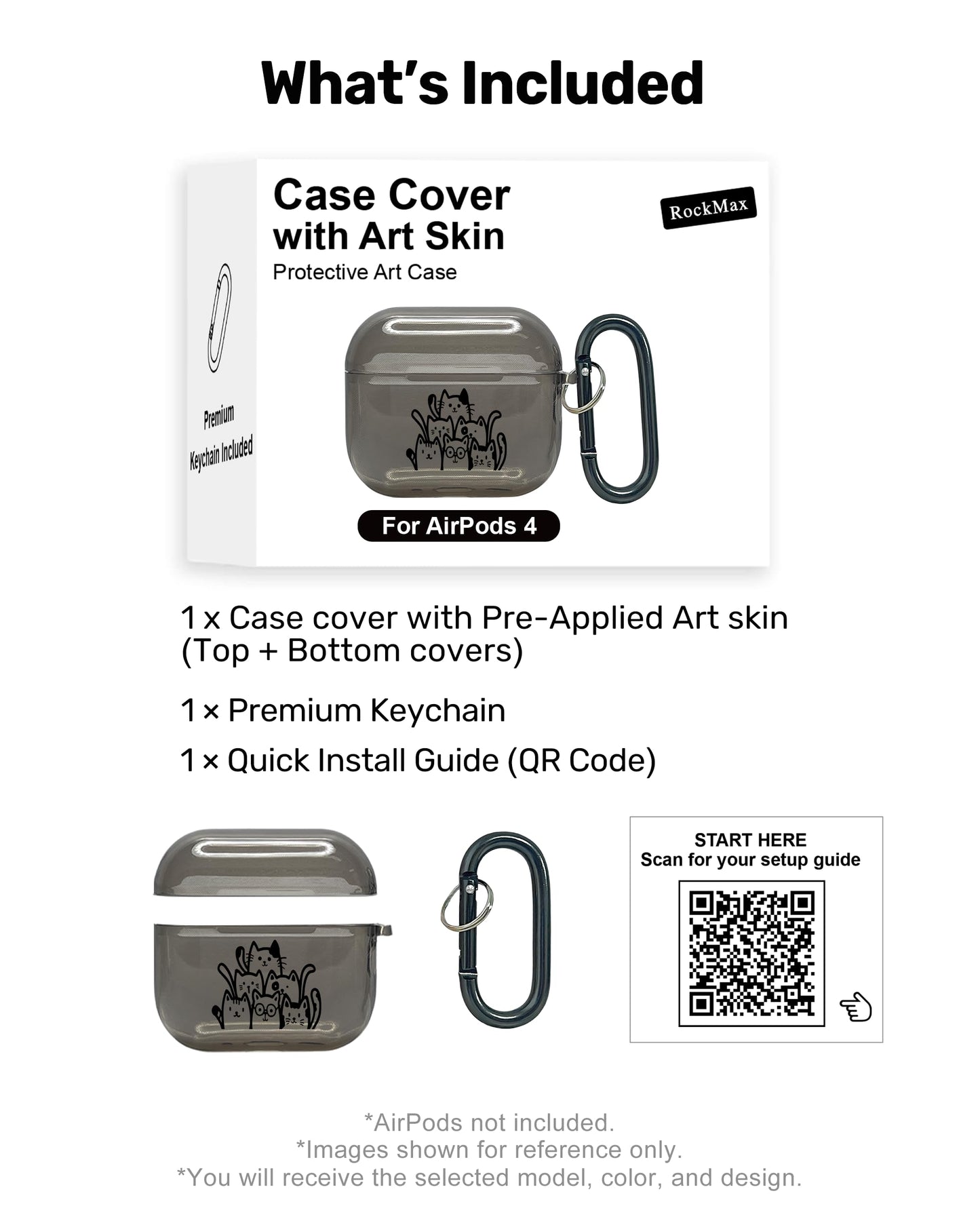 RockMax for AirPods 4 Case Cover with Art Skin, Cute TPU AirPods Case with Keychain Hook, Semi-Transparent Decorative Case for Women, Cute Cat, Clear Black