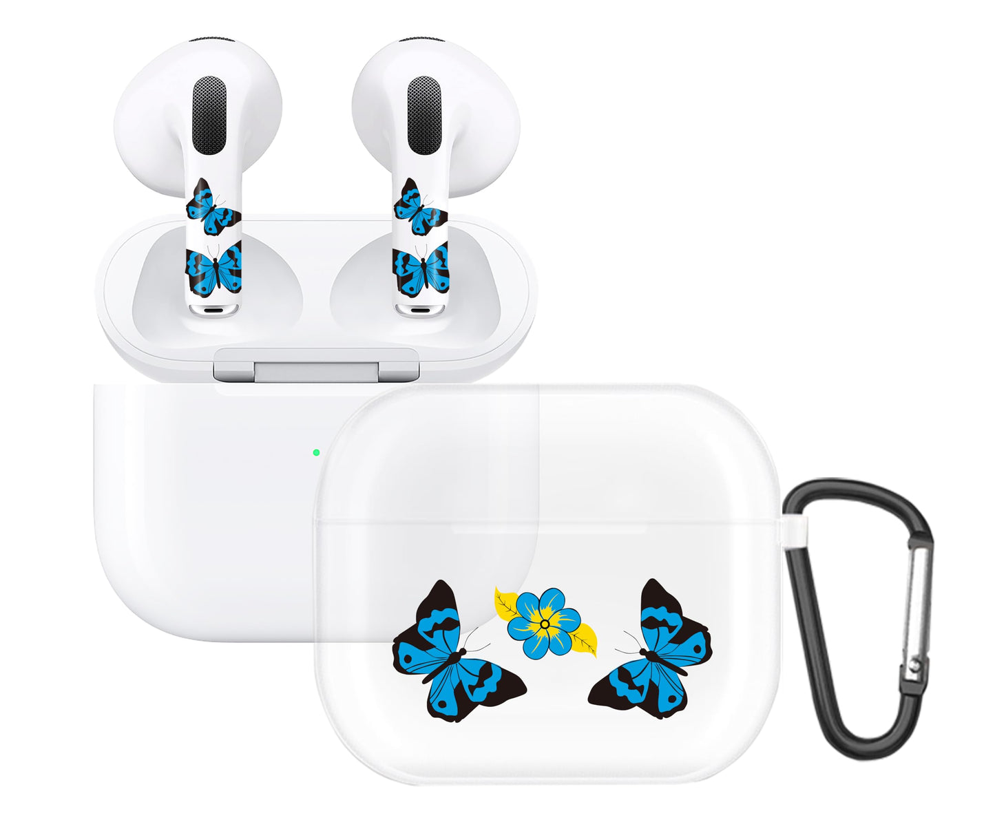 RockMax for AirPod 3rd Generation Case Cute, Clear Case with Black Keychain and Stylish Decal Stickers, Blue Butterfly Skin Wrap, Easy to Apply, for Teens and Women