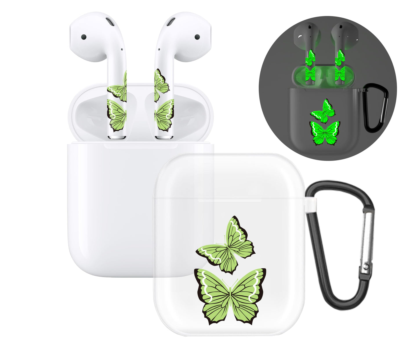 RockMax for AirPod Case Cover 2nd Generation, Clear Case with Black Keychain and Glow in The Dark Stickers, Luminous Butterfly Skin Decal Wrap, Easy to Apply, Gift for Parties and Holidays