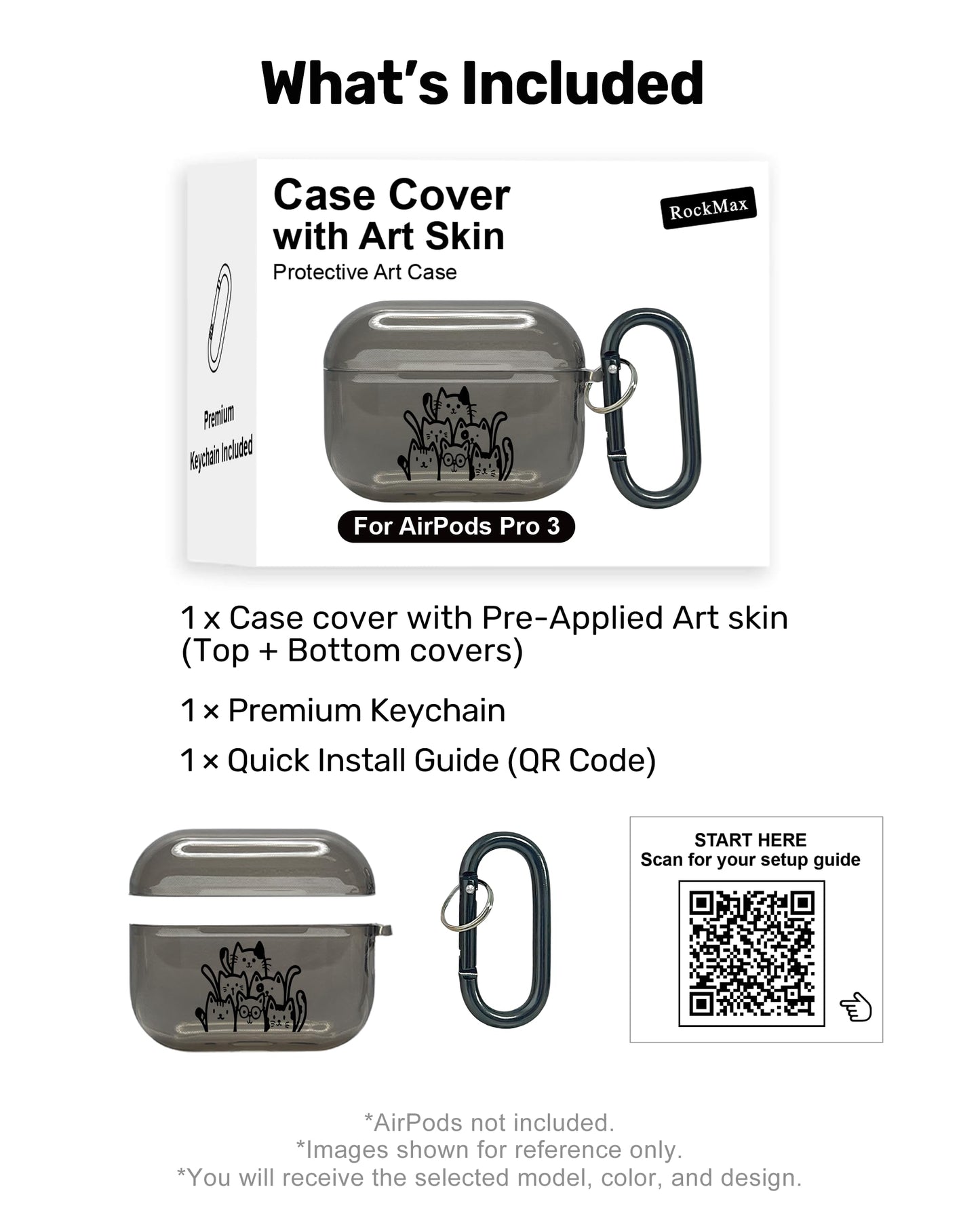 RockMax for AirPods Pro 3 Case Cover with Art Skin, Cute TPU AirPods Case with Keychain Hook, Semi-Transparent Decorative Case for Women, Cute Cat, Clear Black