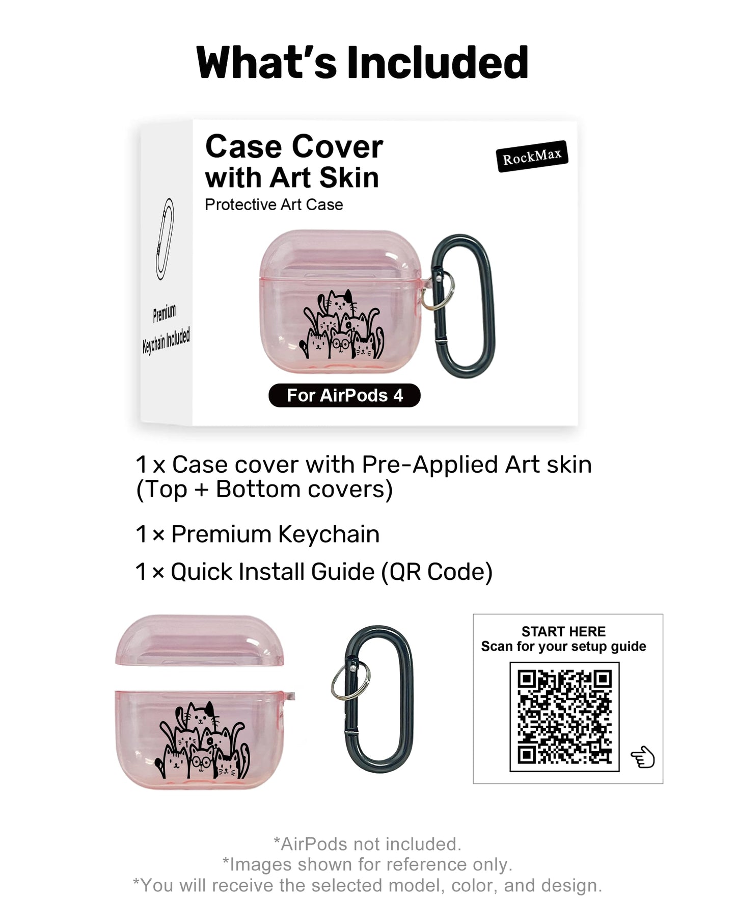 RockMax for AirPods 4 Case Cover with Art Skin, Cute TPU AirPods Case with Keychain Hook, Semi-Transparent Decorative Case for Women, Cute Cat, Clear Pink