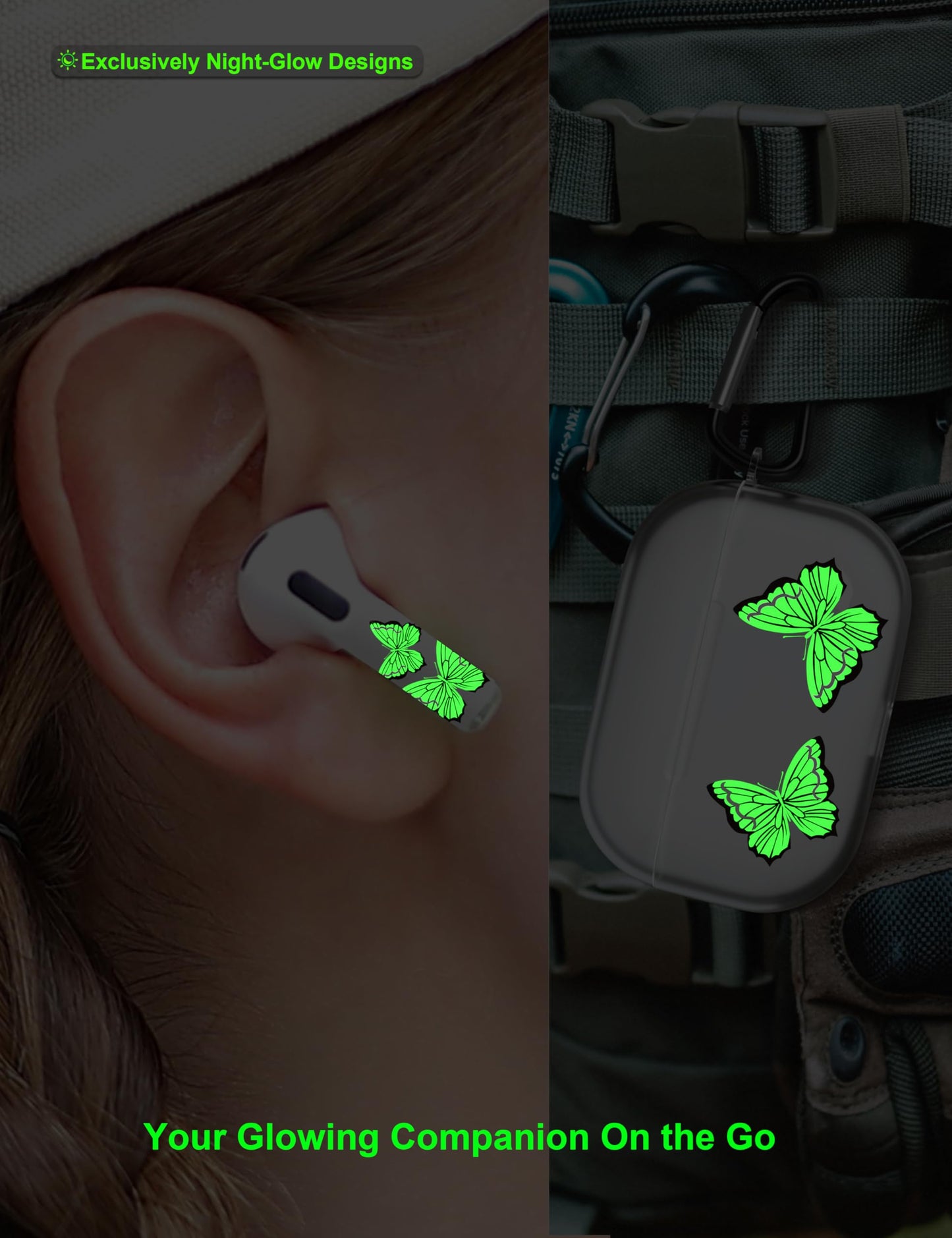 RockMax for AirPod Case Cover 2nd Generation, Clear Case with Black Keychain and Glow in The Dark Stickers, Luminous Butterfly Skin Decal Wrap, Easy to Apply, Gift for Parties and Holidays