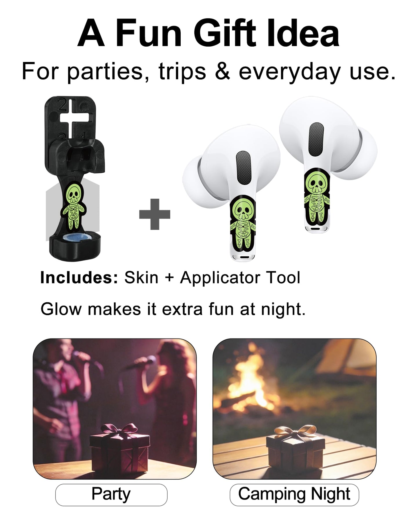 RockMax Glowing Skeleton Skin for AirPods, Easy to Identify, Universal Sticker Wraps for AirPods Pro 3/2/1 and Gen 1/2/3/4, Cute Earbud Accessories