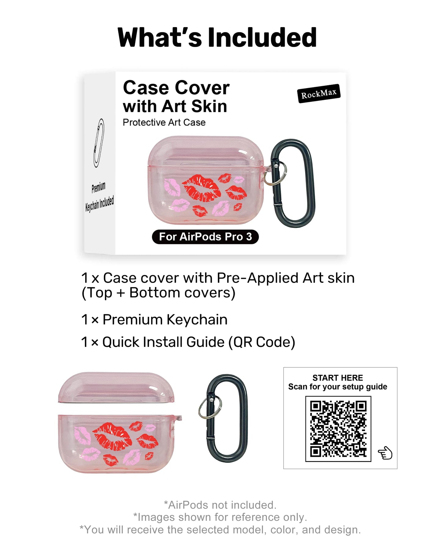 RockMax for AirPods Pro 3 Case Cover with Art Skin, Cute TPU AirPods Case with Keychain Hook, Semi-Transparent Decorative Case for Women, Red Lips, Clear Pink