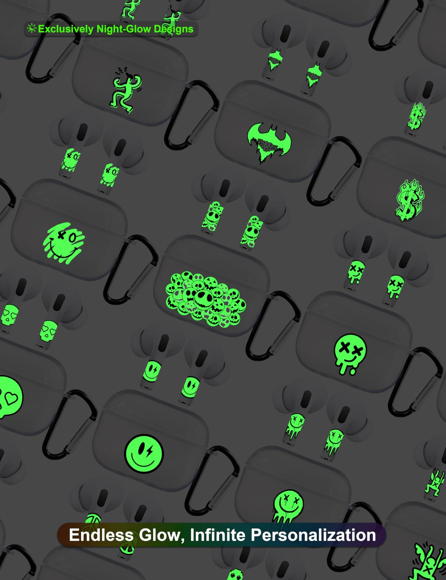RockMax for AirPod Case Cover 2nd Generation, Clear Case with Black Keychain and Glow in The Dark Stickers, Luminous Emoticon Skin Decal Wrap, Easy to Apply, Gift for Parties and Holidays