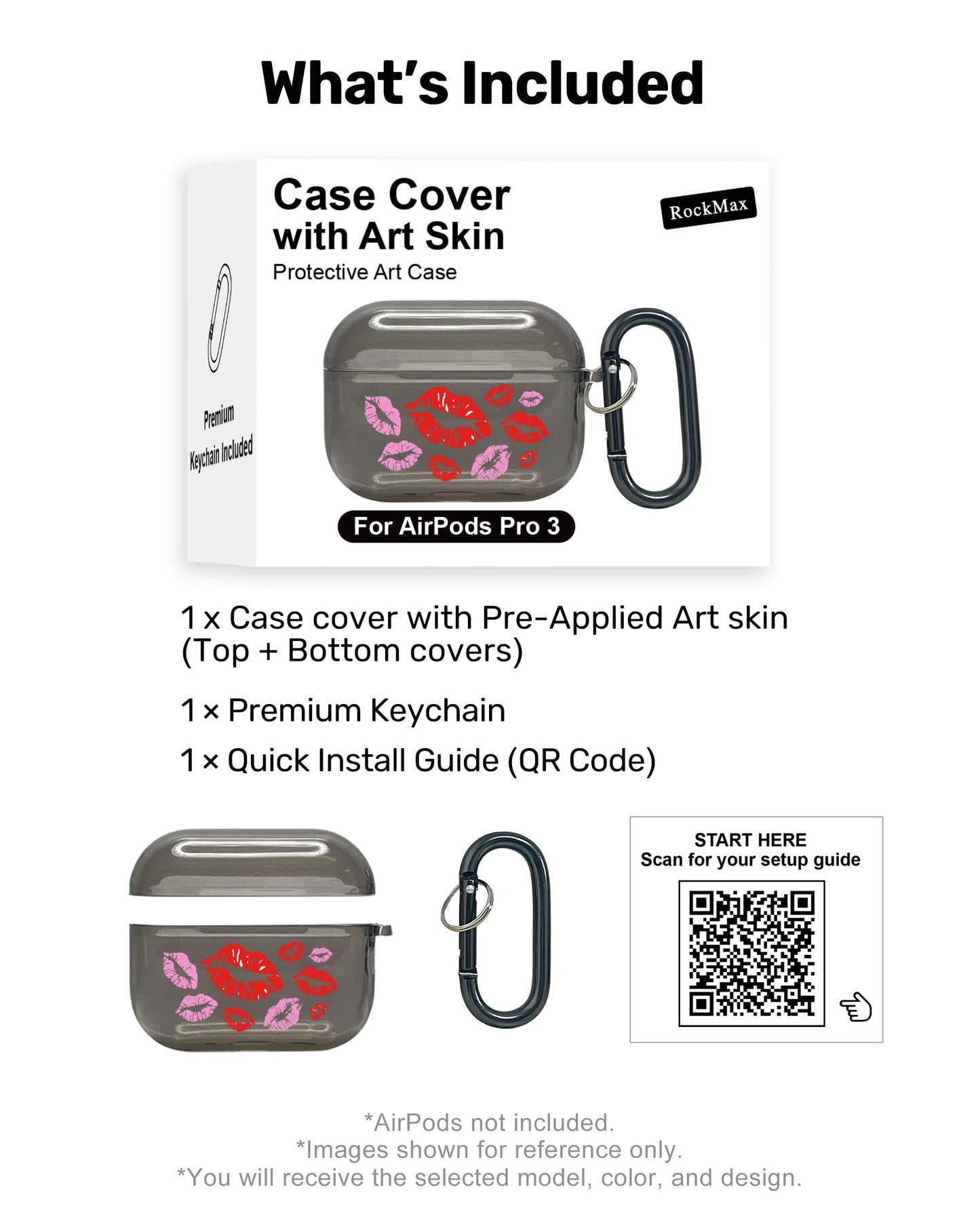 RockMax for AirPods Pro 3 Case Cover with Art Skin, Cute TPU AirPods Case with Keychain Hook, Semi-Transparent Decorative Case for Women, Red Lips, Clear Black