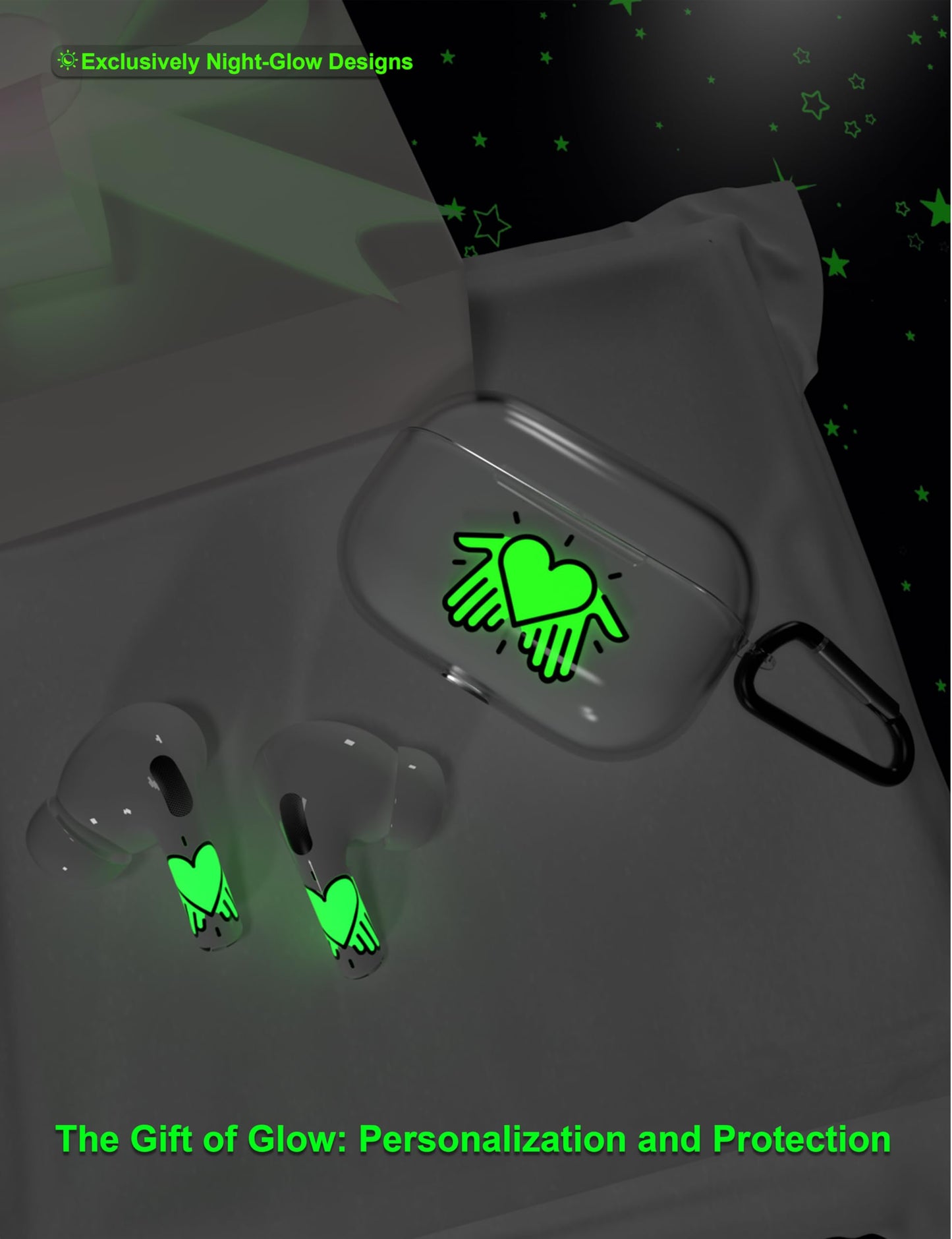 RockMax for AirPod Case Cover 2nd Generation, Clear Case with Black Keychain and Glow in The Dark Stickers, Luminous Emoticon Skin Decal Wrap, Easy to Apply, Gift for Parties and Holidays
