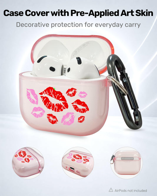 RockMax for AirPods 4 Case Cover with Art Skin, Cute TPU AirPods Case with Keychain Hook, Semi-Transparent Decorative Case for Women, Red Lips, Clear Pink