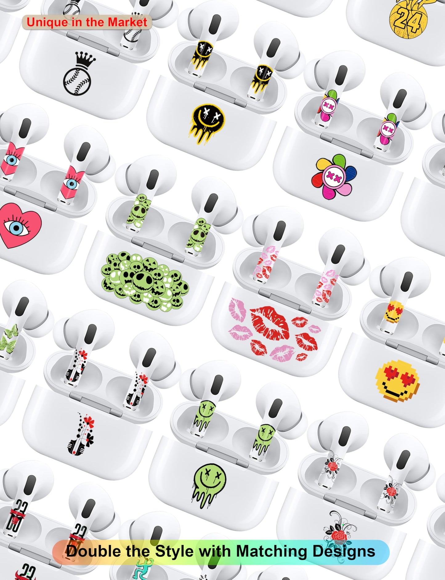 RockMax Cute Emoticon Decal Skin Stickers for AirPods 2nd Generation and Charging Case, Easy-to-Apply Vibrant Wrap, for Teens and Women