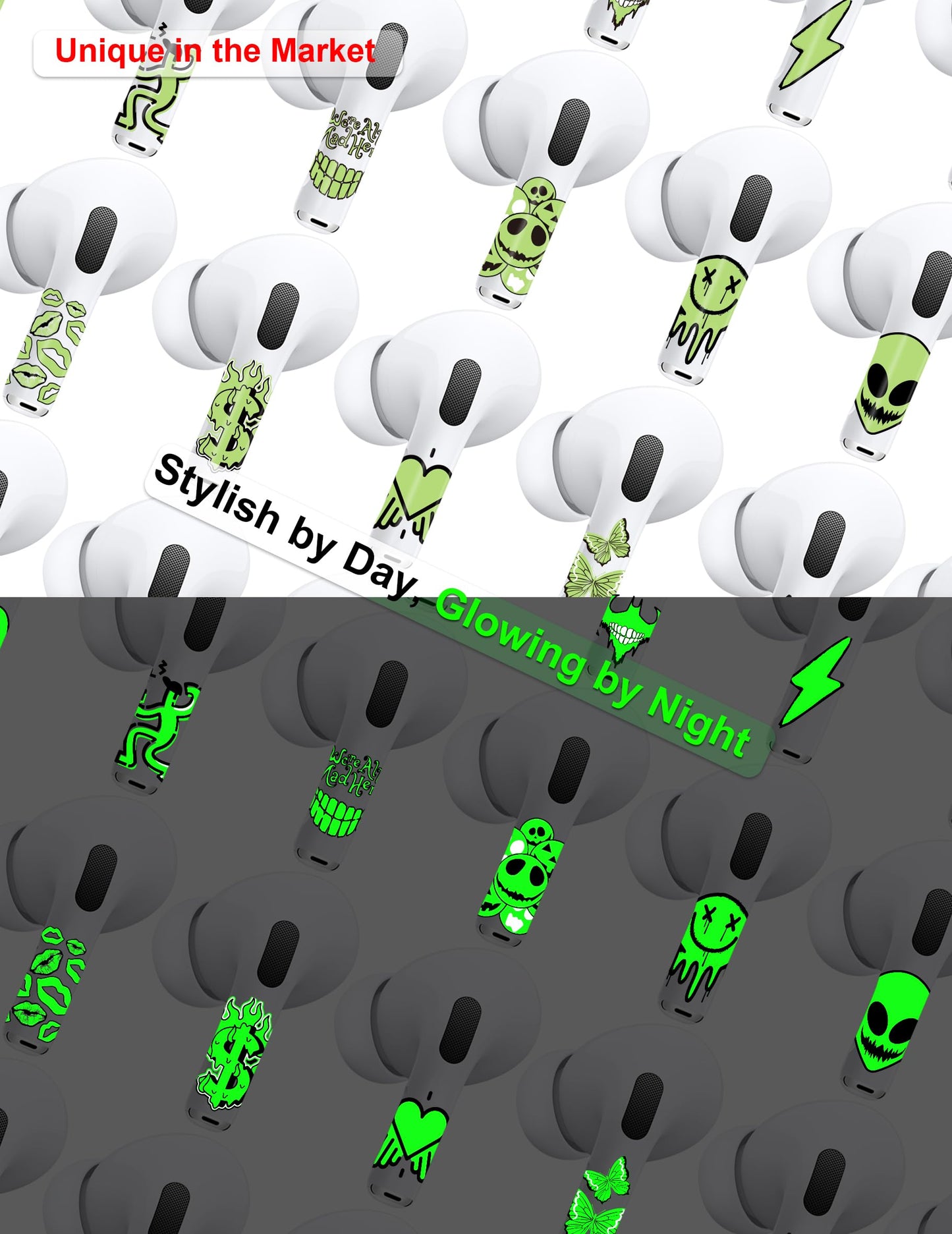 ROCKMAX for AirPod Pro Skin, Glow in The Dark AirPods Pro 2 Skin Wraps, Cool Skull Sticker Decoration for Girls and Boys, Includes Cleaning Kits, Easy to Install