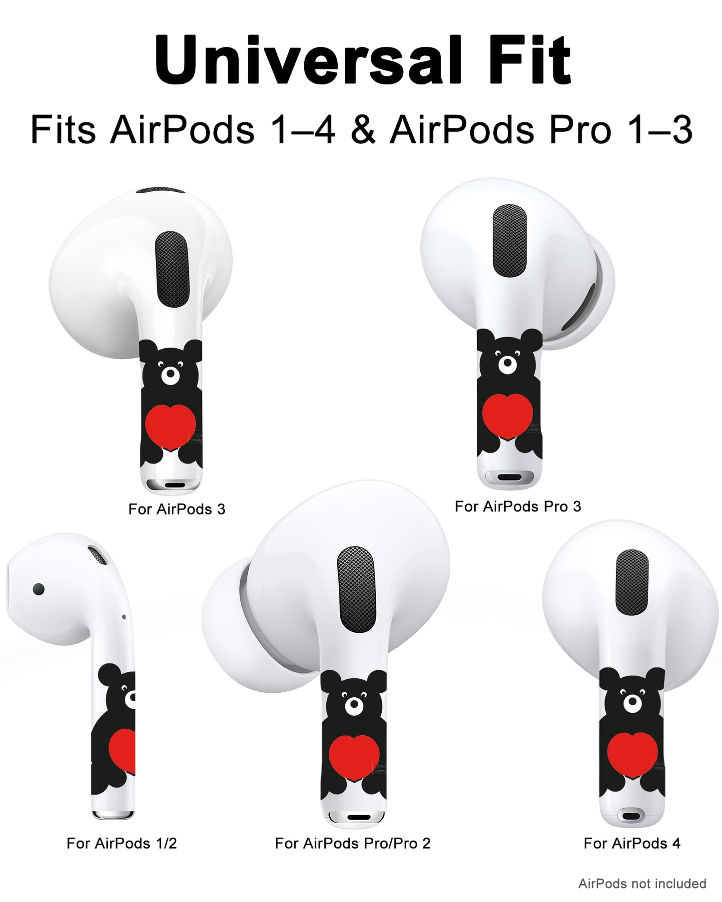 RockMax for AirPod Skin, Quickly Recognizable, Universal Fit for AirPods Pro 3/2/1 and Gen 1/2/3/4, Black Bear Sticker Cover, for Women and Teens