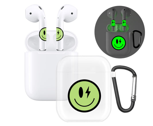 RockMax for AirPod Case Cover 2nd Generation, Clear Case with Black Keychain and Glow in The Dark Stickers, Luminous Emoticon Skin Decal Wrap, Easy to Apply, Gift for Parties and Holidays