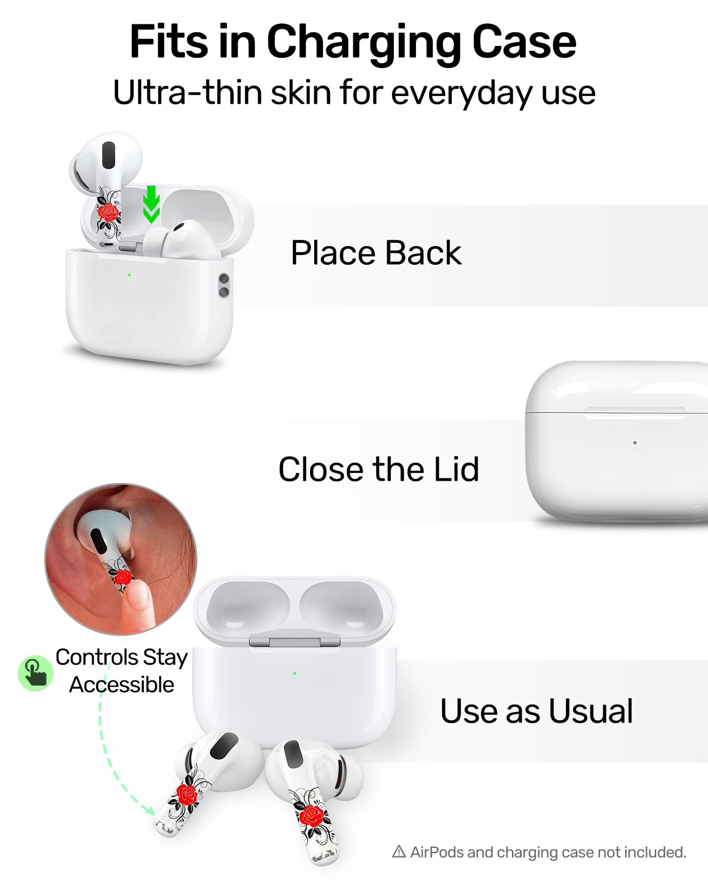 RockMax for AirPods Sticker Skin, Easy to Identify, Universal Fit for AirPods Pro 3/2/1 and Gen 1/2/3/4, Black Wrap Cover, for Teens and Adults