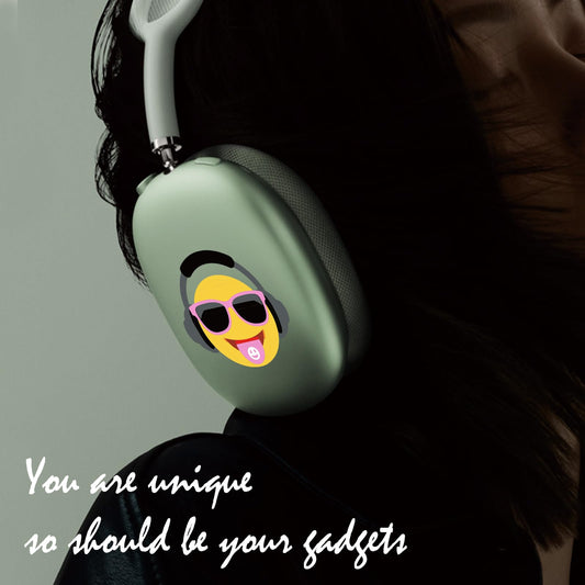 ROCKMAX Yellow Smiley Face Sticker Cover for AirPods Max, Cute Decal Skin for Headphones, Black Headset Customization for Adults and Teens, Unique Accessories Gift with Cleaning Kit
