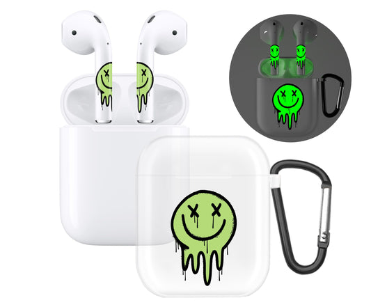RockMax for AirPod Case Cover 2nd Generation, Clear Case with Black Keychain and Glow in The Dark Stickers, Luminous Emoticon Skin Decal Wrap, Easy to Apply, Gift for Parties and Holidays