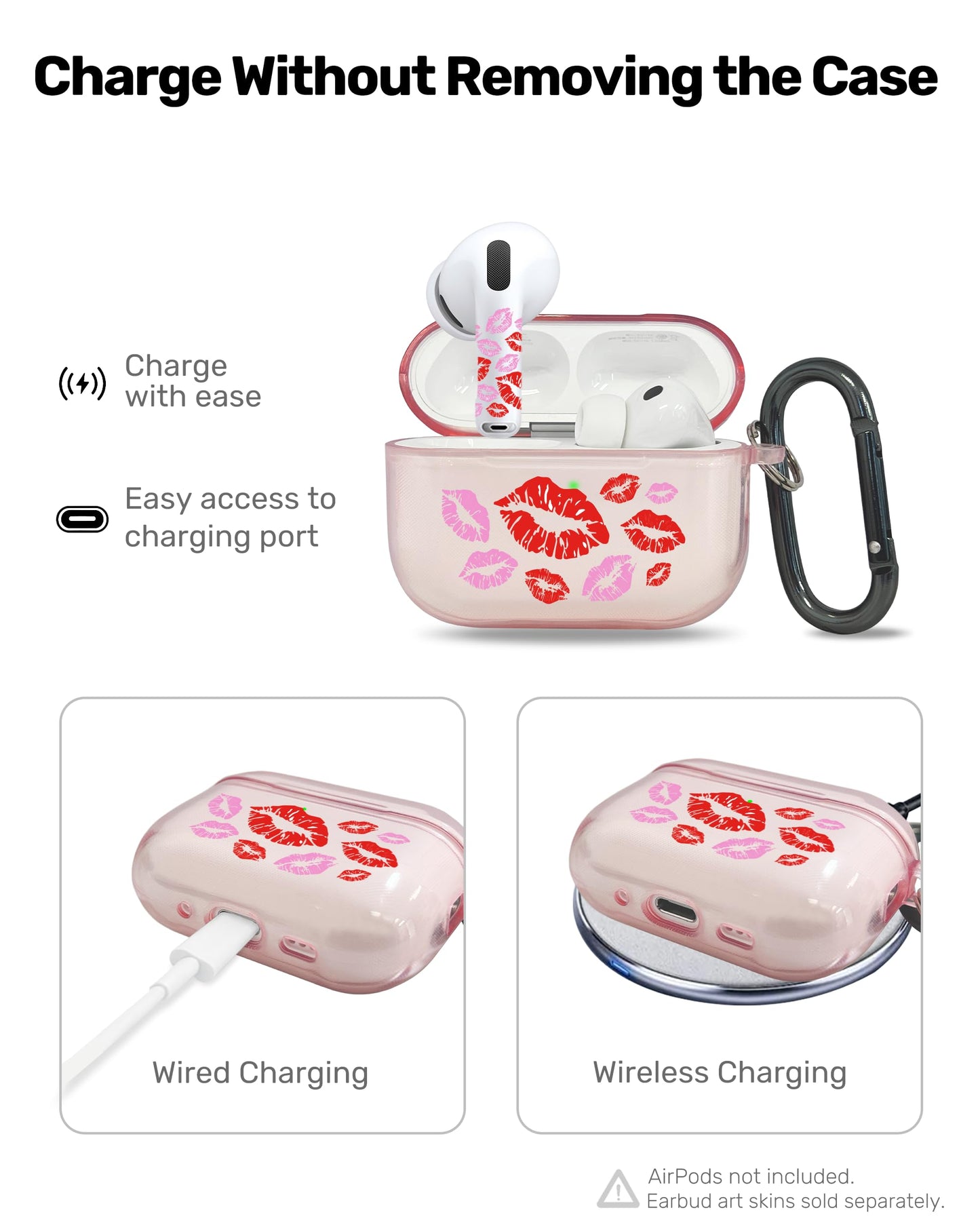 RockMax for AirPods Pro 3 Case Cover with Art Skin, Cute TPU AirPods Case with Keychain Hook, Semi-Transparent Decorative Case for Women, Red Lips, Clear Pink