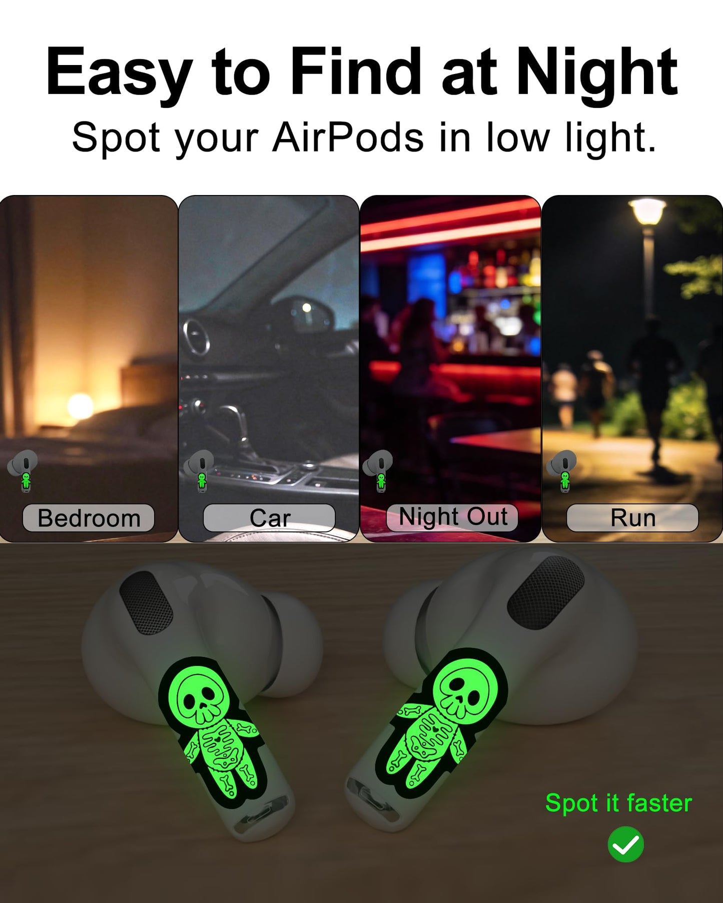 RockMax Glowing Skeleton Skin for AirPods, Easy to Identify, Universal Sticker Wraps for AirPods Pro 3/2/1 and Gen 1/2/3/4, Cute Earbud Accessories
