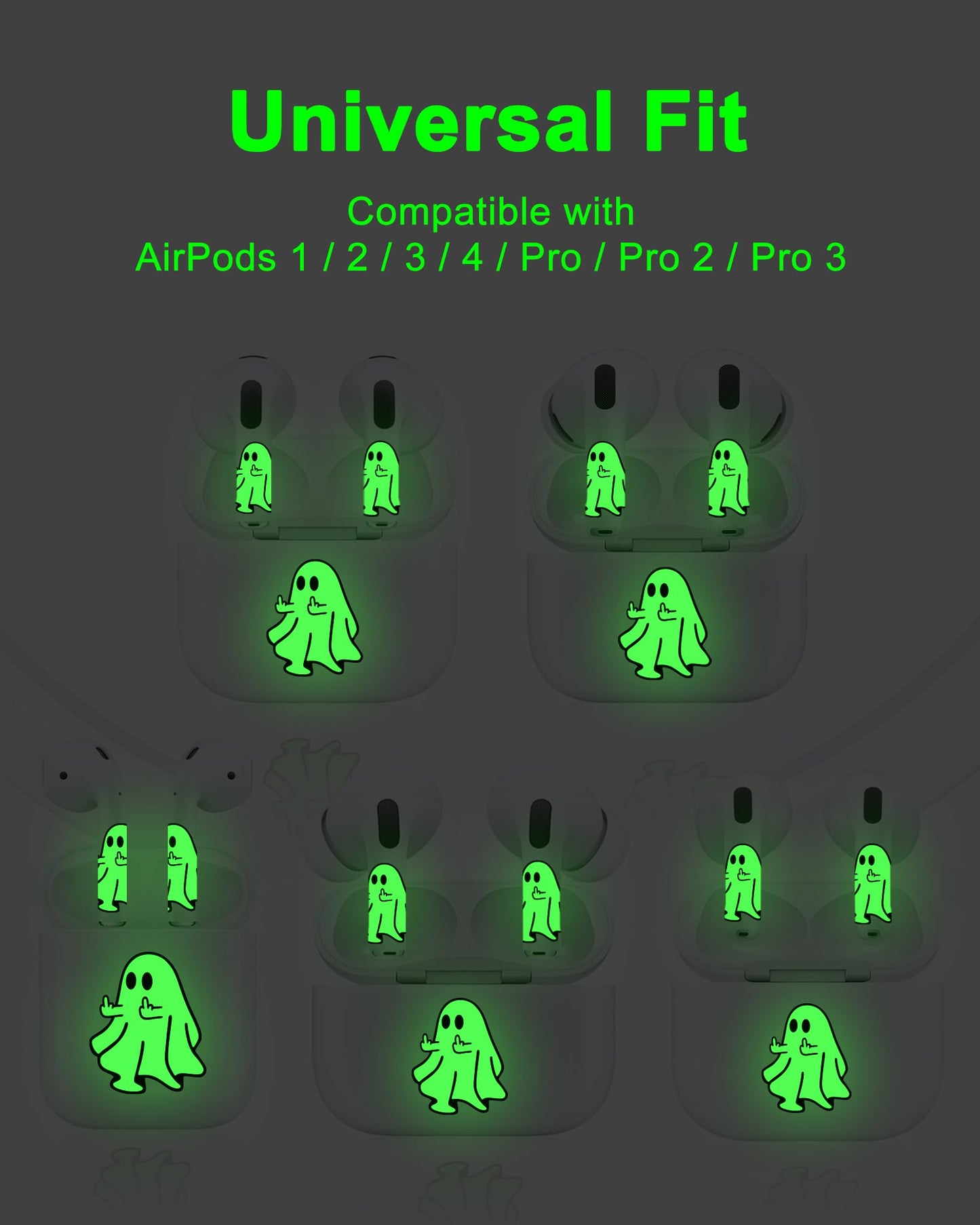 ROCKMAX for AirPods Glow in The Dark Skin Set, Spooky Ghost Earbud + Charging Case Stickers with Applicator & Spare, Universal Fit for AirPods 1/2/3/4 & Pro/Pro 2/Pro 3, Sweat-Resistant, Removable