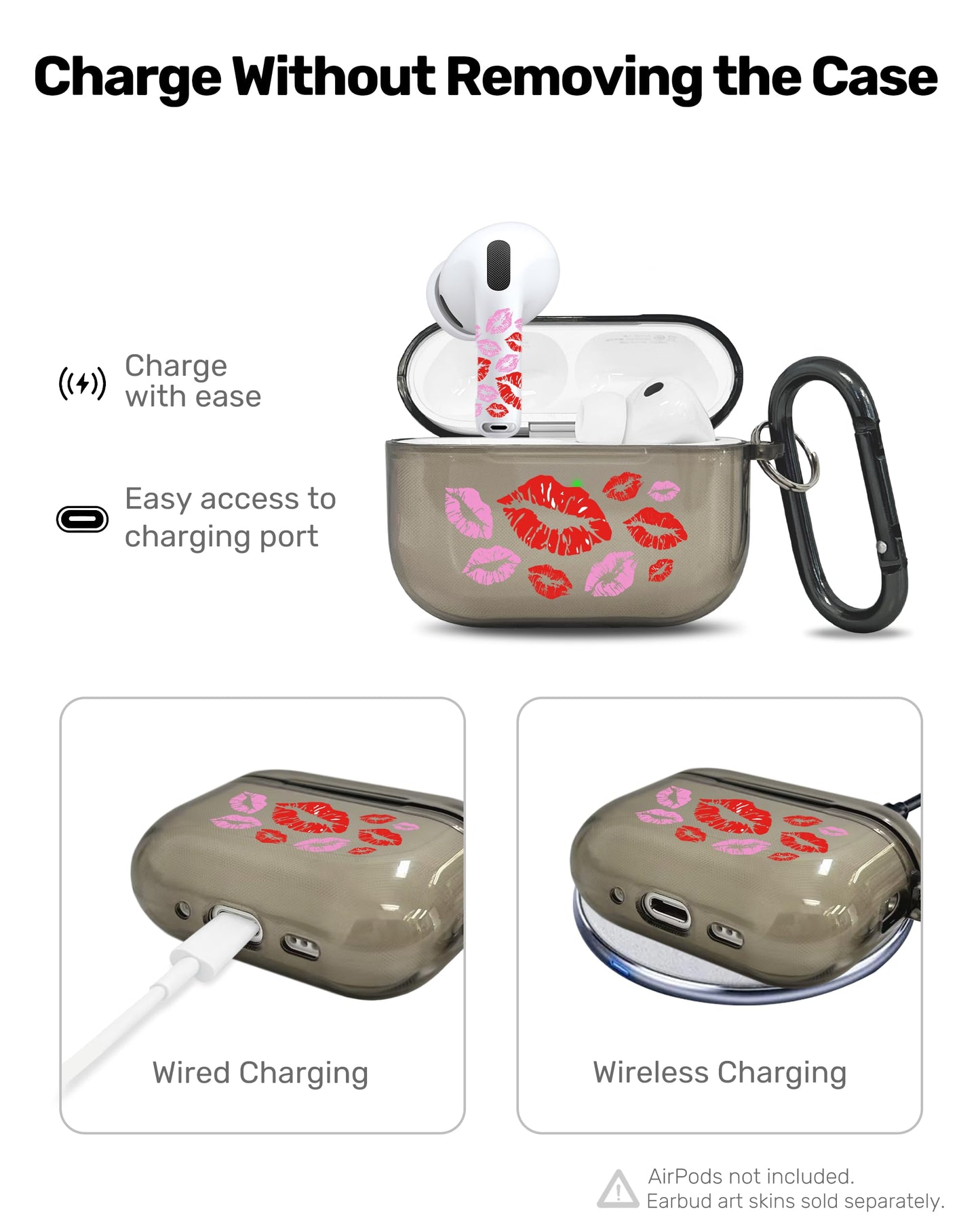 RockMax for AirPods Pro 3 Case Cover with Art Skin, Cute TPU AirPods Case with Keychain Hook, Semi-Transparent Decorative Case for Women, Red Lips, Clear Black