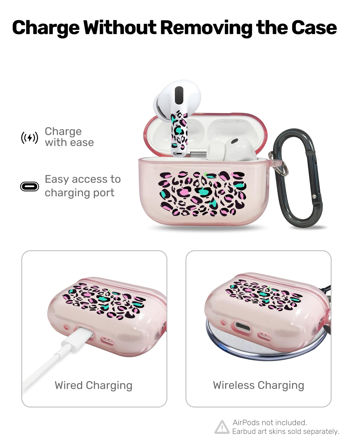 RockMax for AirPods Pro 3 Case Cover with Art Skin, Cute TPU AirPods Case with Keychain Hook, Semi-Transparent Decorative Case for Women, Leopard, Clear Pink