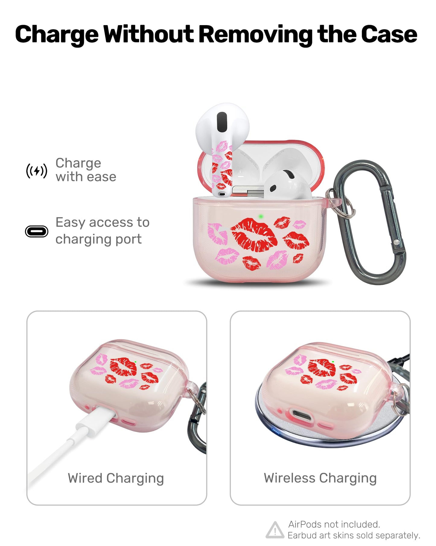 RockMax for AirPods 4 Case Cover with Art Skin, Cute TPU AirPods Case with Keychain Hook, Semi-Transparent Decorative Case for Women, Red Lips, Clear Pink