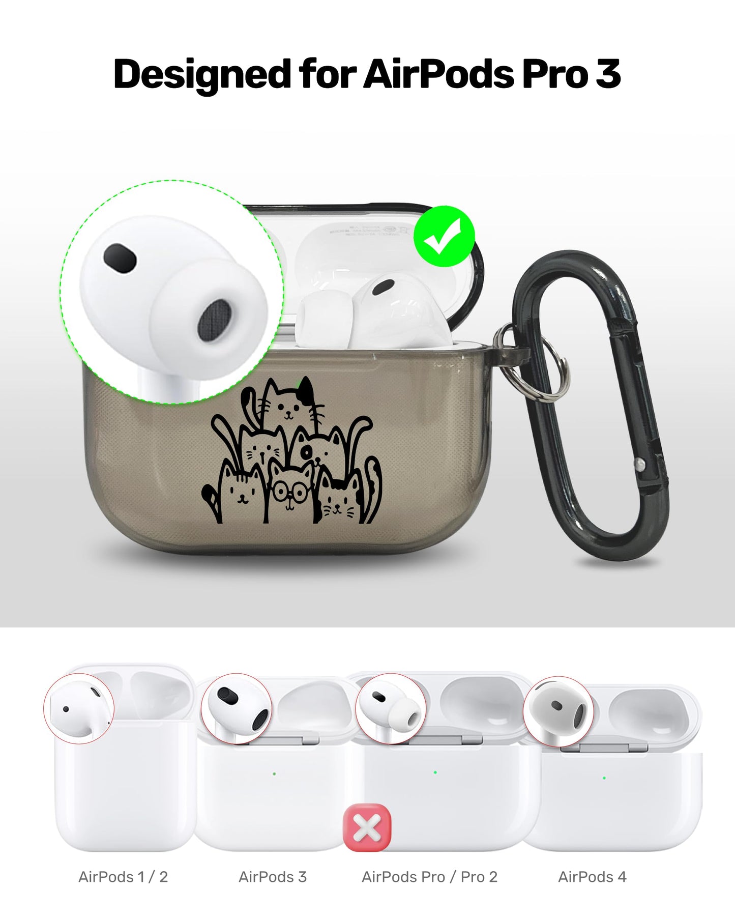 RockMax for AirPods Pro 3 Case Cover with Art Skin, Cute TPU AirPods Case with Keychain Hook, Semi-Transparent Decorative Case for Women, Cute Cat, Clear Black