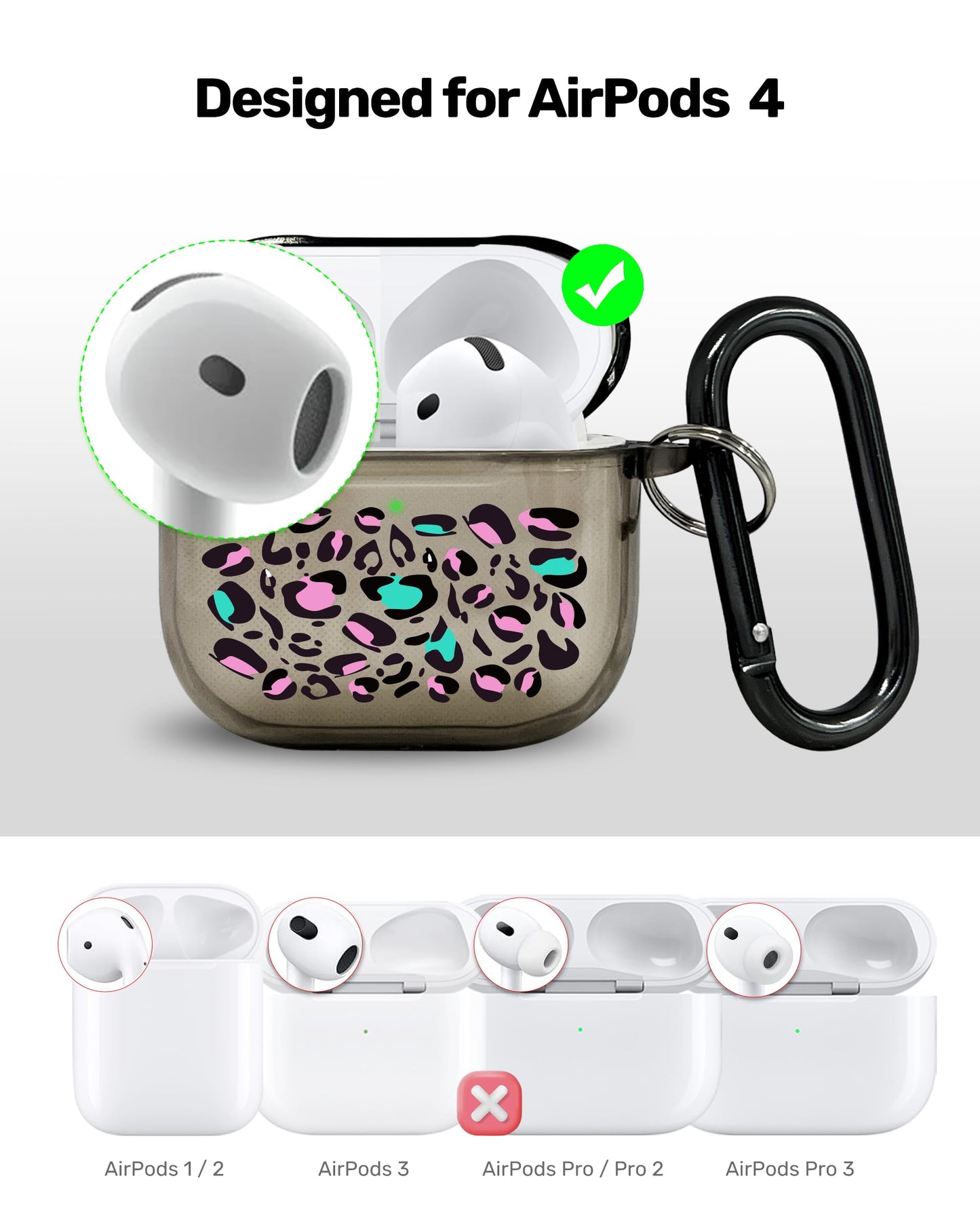 RockMax for AirPods 4 Case Cover with Art Skin, Cute TPU AirPods Case with Keychain Hook, Semi-Transparent Decorative Case for Women, Leopard, Clear Black