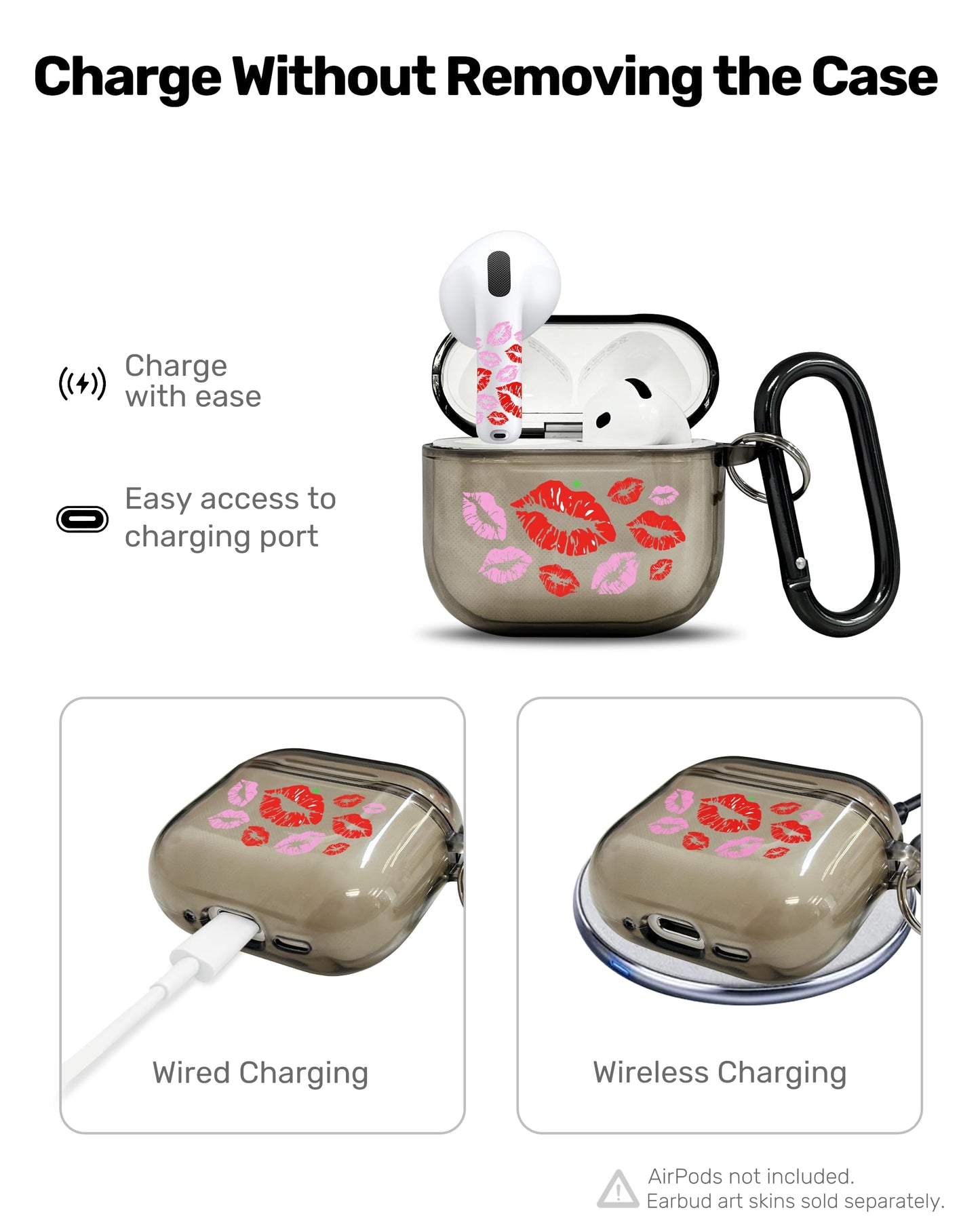 RockMax for AirPods 4 Case Cover with Art Skin, Cute TPU AirPods Case with Keychain Hook, Semi-Transparent Decorative Case for Women, Red Lips, Clear Black