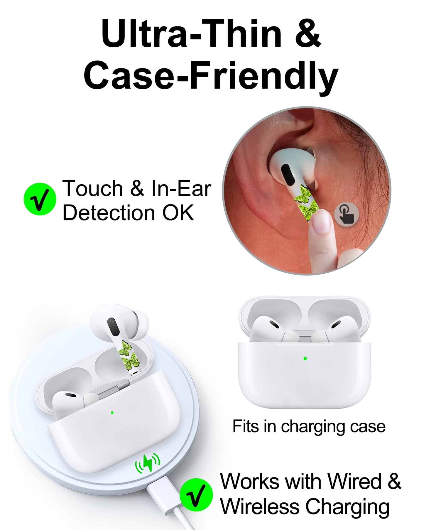 RockMax for AirPods 4 Glow Skin, Butterfly Sticker Wrap, Easy to Find with Distinct Decal, Case-Friendly, 3-Step Install, Compatible with AirPods Pro 1/2/3 and AirPod 1/2/3/4 (Universal Fit)