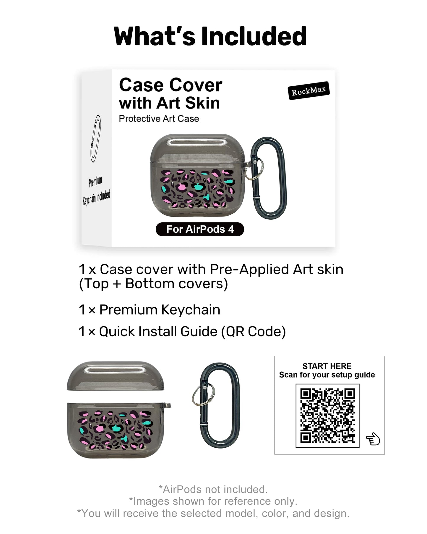 RockMax for AirPods 4 Case Cover with Art Skin, Cute TPU AirPods Case with Keychain Hook, Semi-Transparent Decorative Case for Women, Leopard, Clear Black