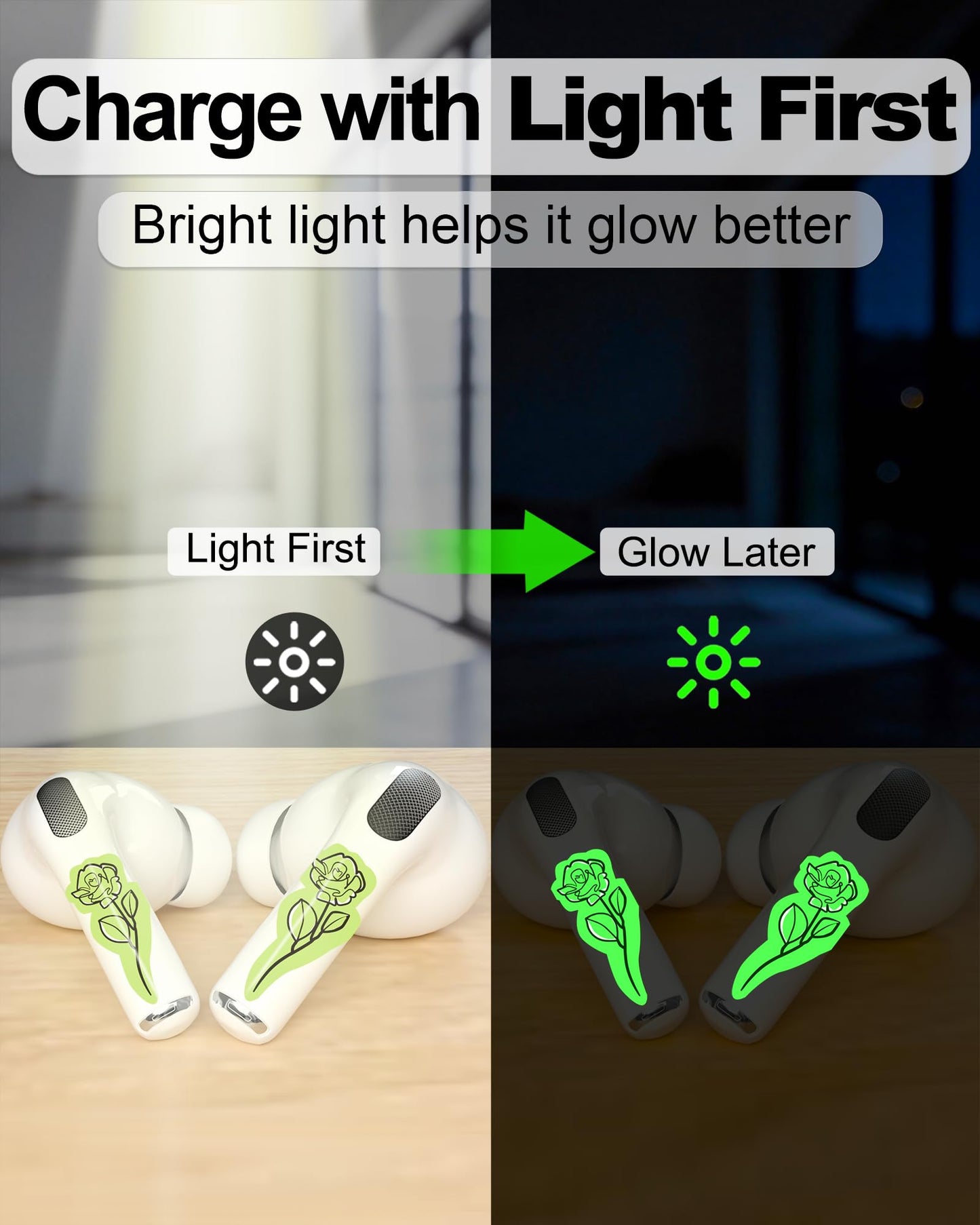 RockMax Glowing Rose Skin for AirPods, Easy to Identify, Universal Sticker Wraps for AirPods Pro 3/2/1 and Gen 1/2/3/4, Cute Earbud Accessories