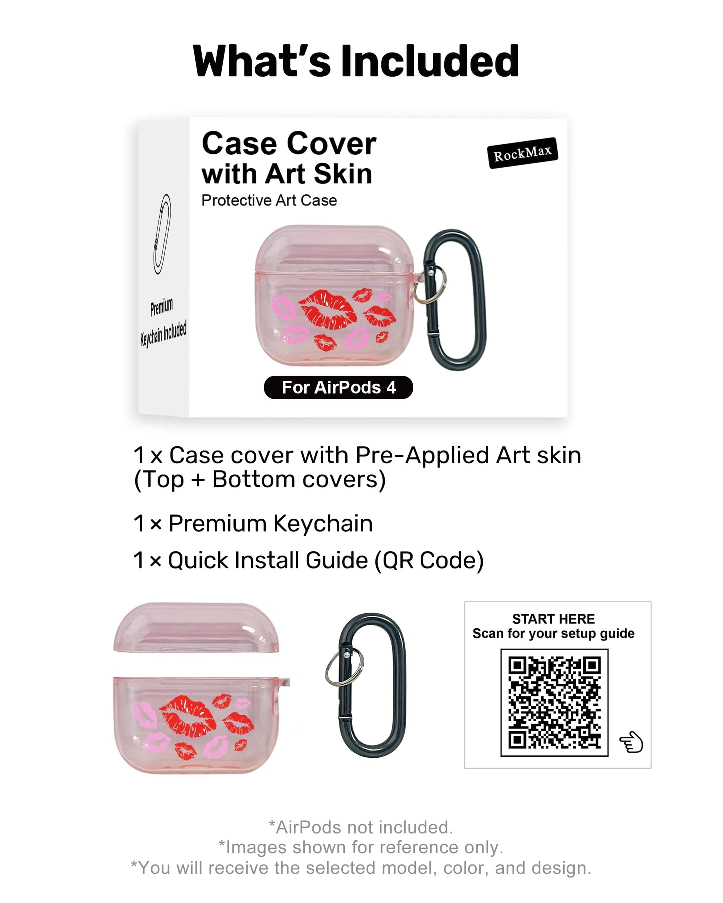 RockMax for AirPods 4 Case Cover with Art Skin, Cute TPU AirPods Case with Keychain Hook, Semi-Transparent Decorative Case for Women, Red Lips, Clear Pink