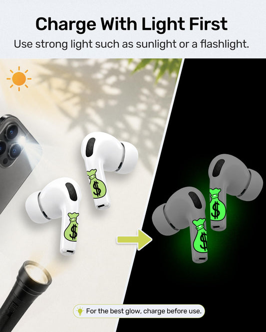 RockMax for AirPod Pro 3 Skins, Glow in The Dark Decal Stickers, DIY Dollar Tattoos for AirPods Pro 2nd Generation, Easy to Identify, Compatible with AirPods Pro 1/2/3 & AirPod 1/2/3/4(Universal Fit)