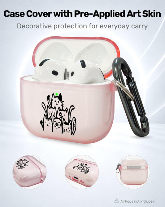 RockMax for AirPods 4 Case Cover with Art Skin, Cute TPU AirPods Case with Keychain Hook, Semi-Transparent Decorative Case for Women, Cute Cat, Clear Pink
