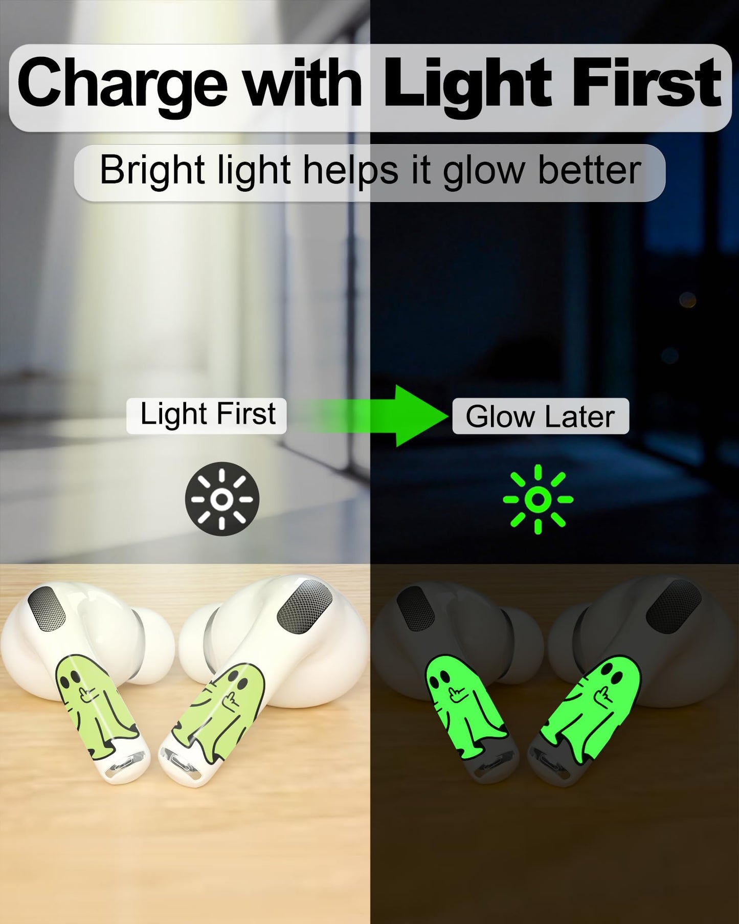 RockMax for AirPod Skins, Luminous Glow in The Dark Decal Stickers for Ear Buds, DIY Pop Art Tattoos for AirPods Pro 2nd Generation, Durable, Easy to Identify, Present for Women and Men(Universal)