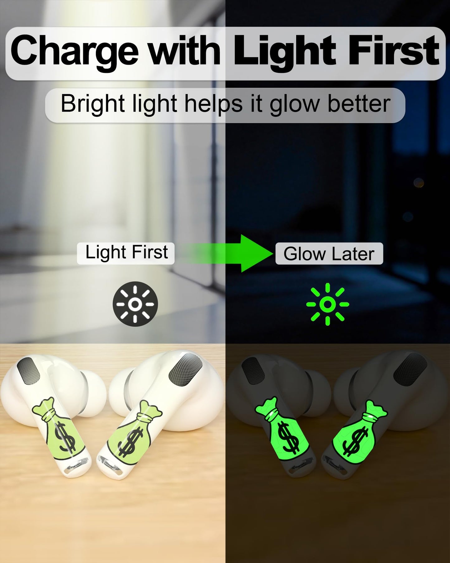 RockMax for AirPod Pro 3 Skins, Glow in The Dark Decal Stickers, DIY Dollar Tattoos for AirPods Pro 2nd Generation, Easy to Identify, Compatible with AirPods Pro 1/2/3 & AirPod 1/2/3/4(Universal Fit)