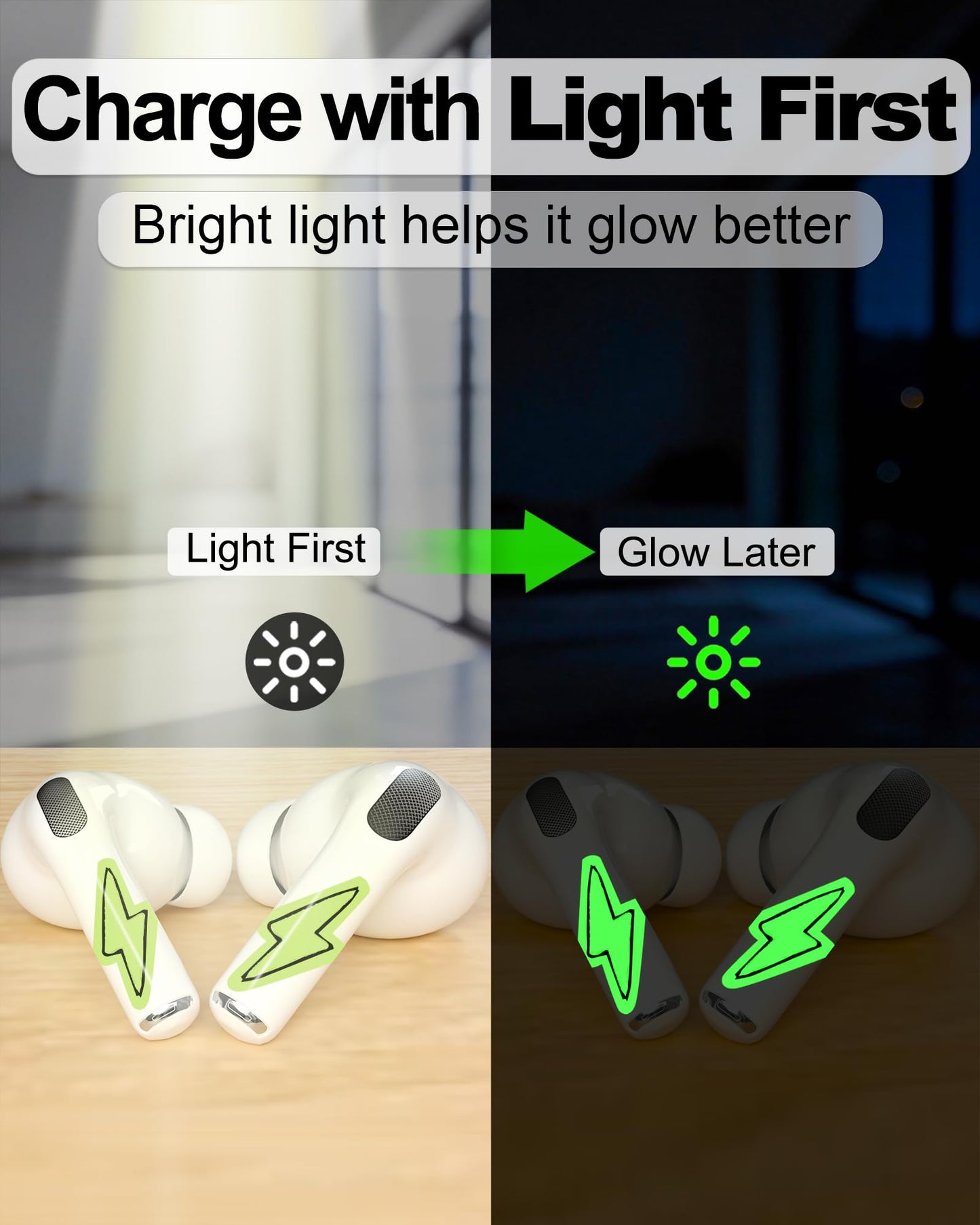 RockMax for AirPod Skins, Luminous Glow in The Dark Lightning Stickers for Ear Buds, Custom DIY Tattoos for All AirPods, Durable, Easy to Identify, Present for Women and Men