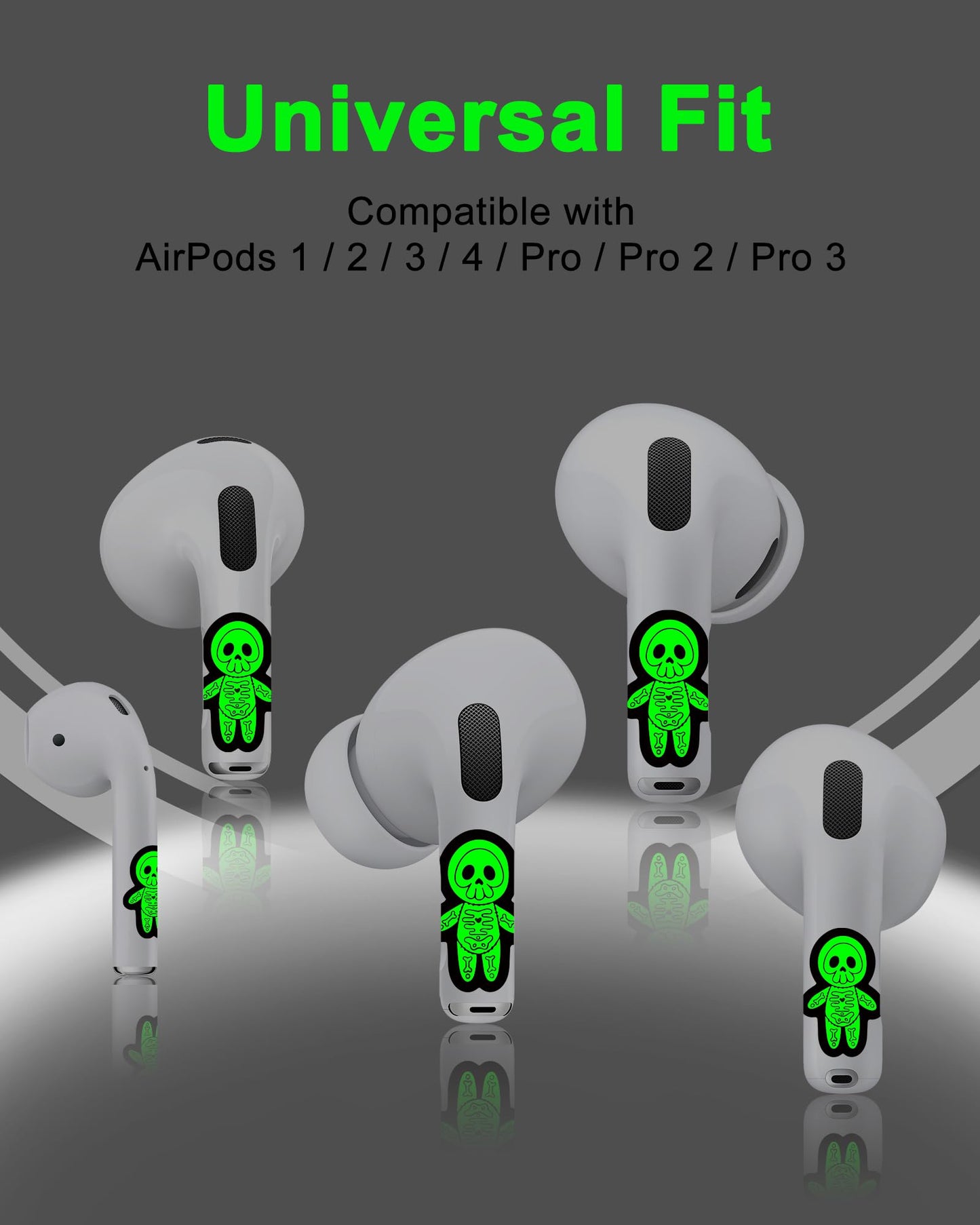 RockMax Glowing Skeleton Skin for AirPods, Easy to Identify, Universal Sticker Wraps for AirPods Pro 3/2/1 and Gen 1/2/3/4, Cute Earbud Accessories