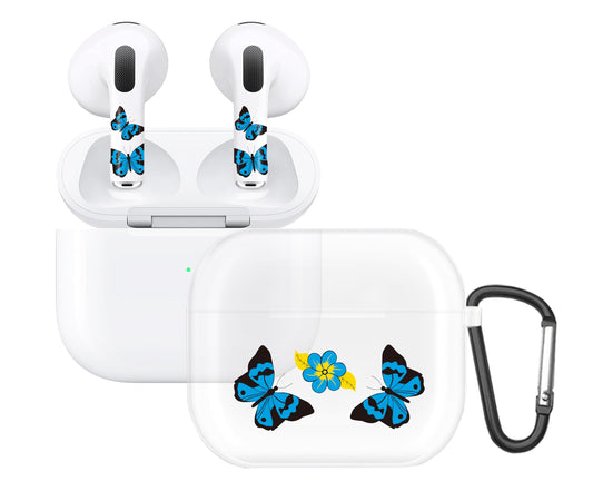 RockMax for AirPod 3rd Generation Case Cute, Clear Case with Black Keychain and Stylish Decal Stickers, Blue Butterfly Skin Wrap, Easy to Apply, for Teens and Women