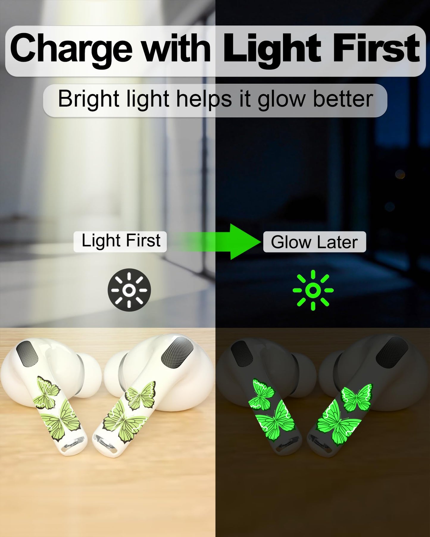 RockMax for AirPods 4 Glow Skin, Butterfly Sticker Wrap, Easy to Find with Distinct Decal, Case-Friendly, 3-Step Install, Compatible with AirPods Pro 1/2/3 and AirPod 1/2/3/4 (Universal Fit)