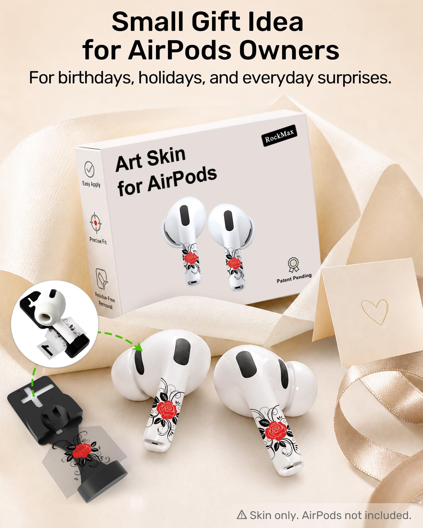 RockMax for AirPods Sticker Skin, Easy to Identify, Universal Fit for AirPods Pro 3/2/1 and Gen 1/2/3/4, Black Wrap Cover, for Teens and Adults